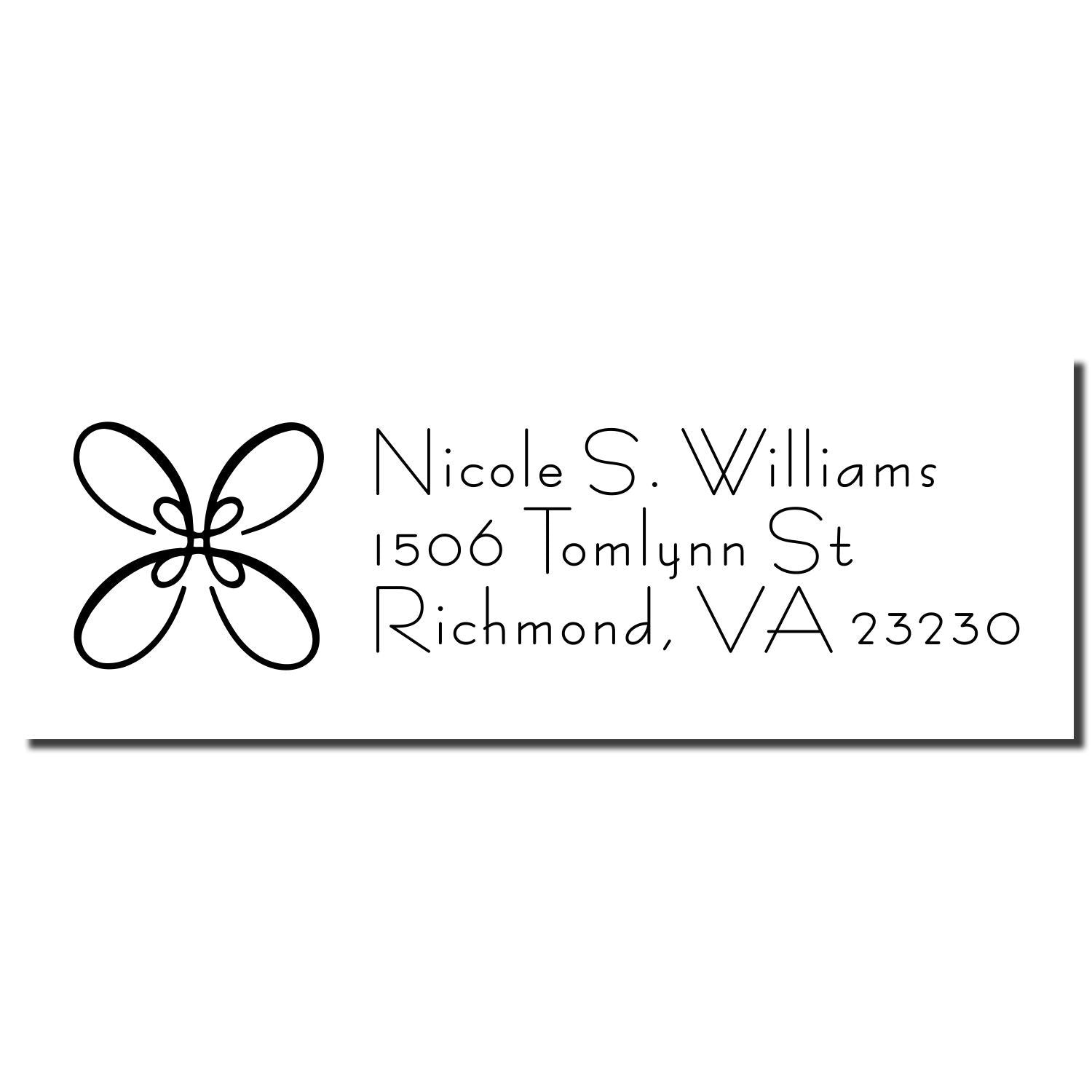 Custom return address rubber stamp with butterfly logo for Nicole S. Williams, Richmond, VA 23230.