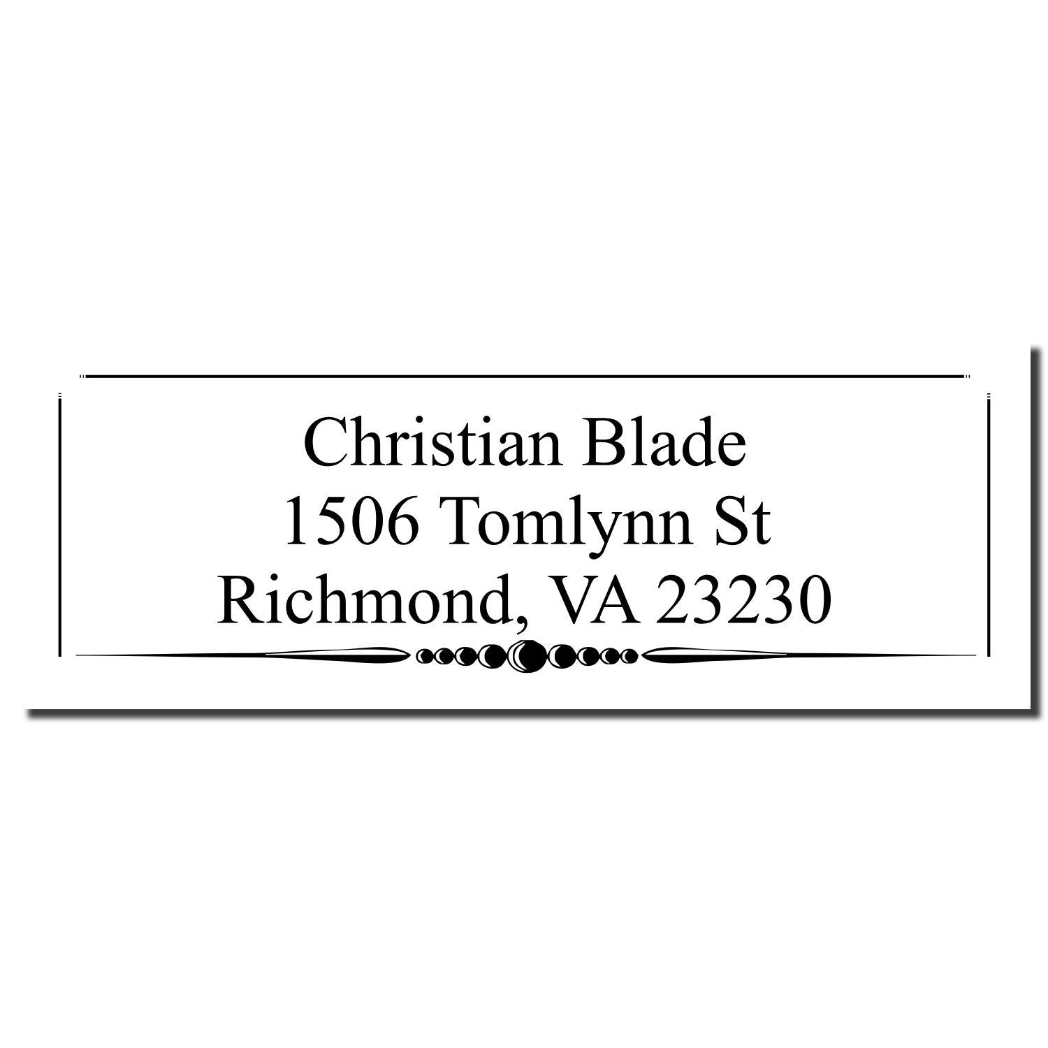 Custom address rubber stamp for Christian Blade, 1506 Tomlynn St, Richmond, VA 23230 with decorative border.