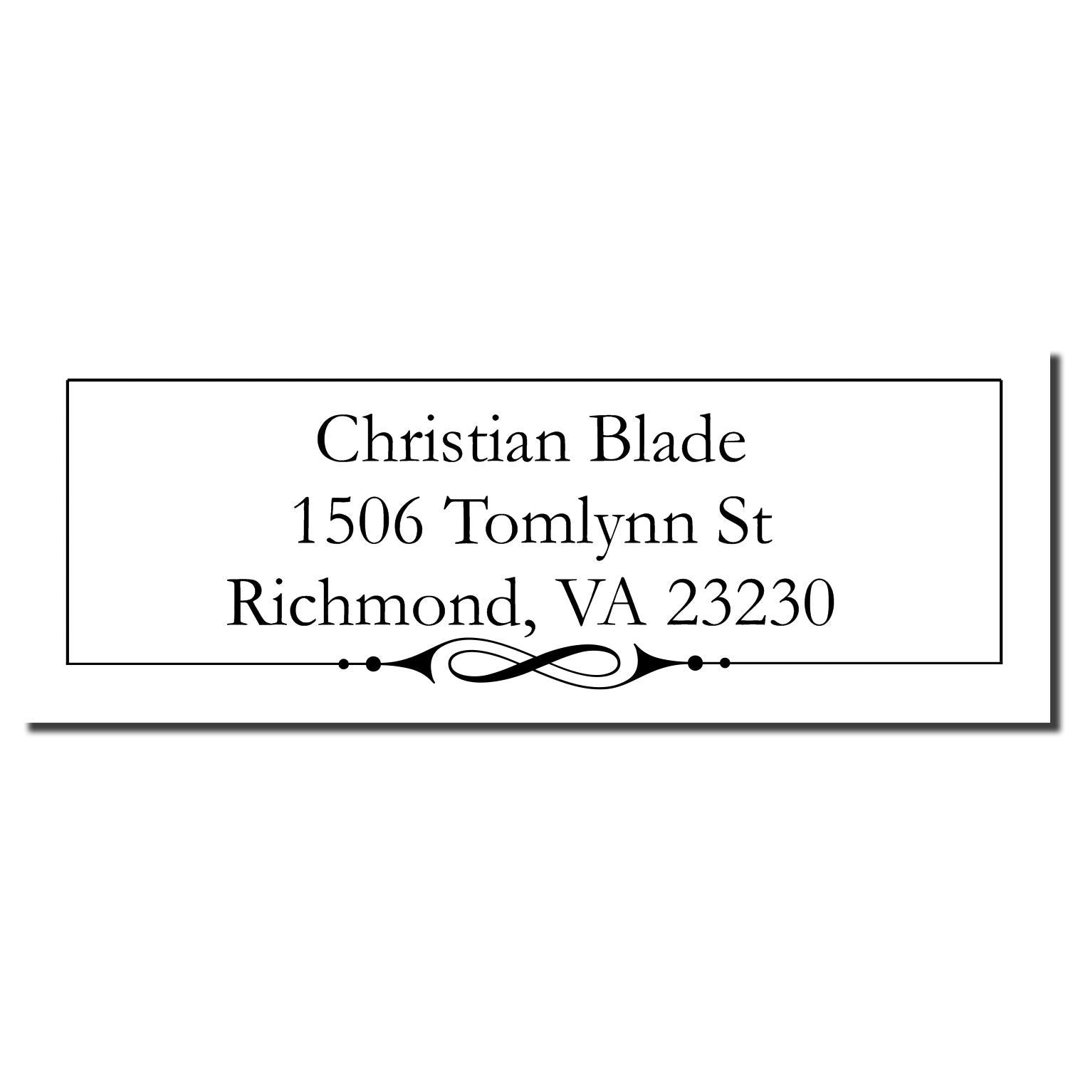 Custom address rubber stamp with Christian Blade, 1506 Tomlynn St, Richmond, VA 23230 and decorative flourish.