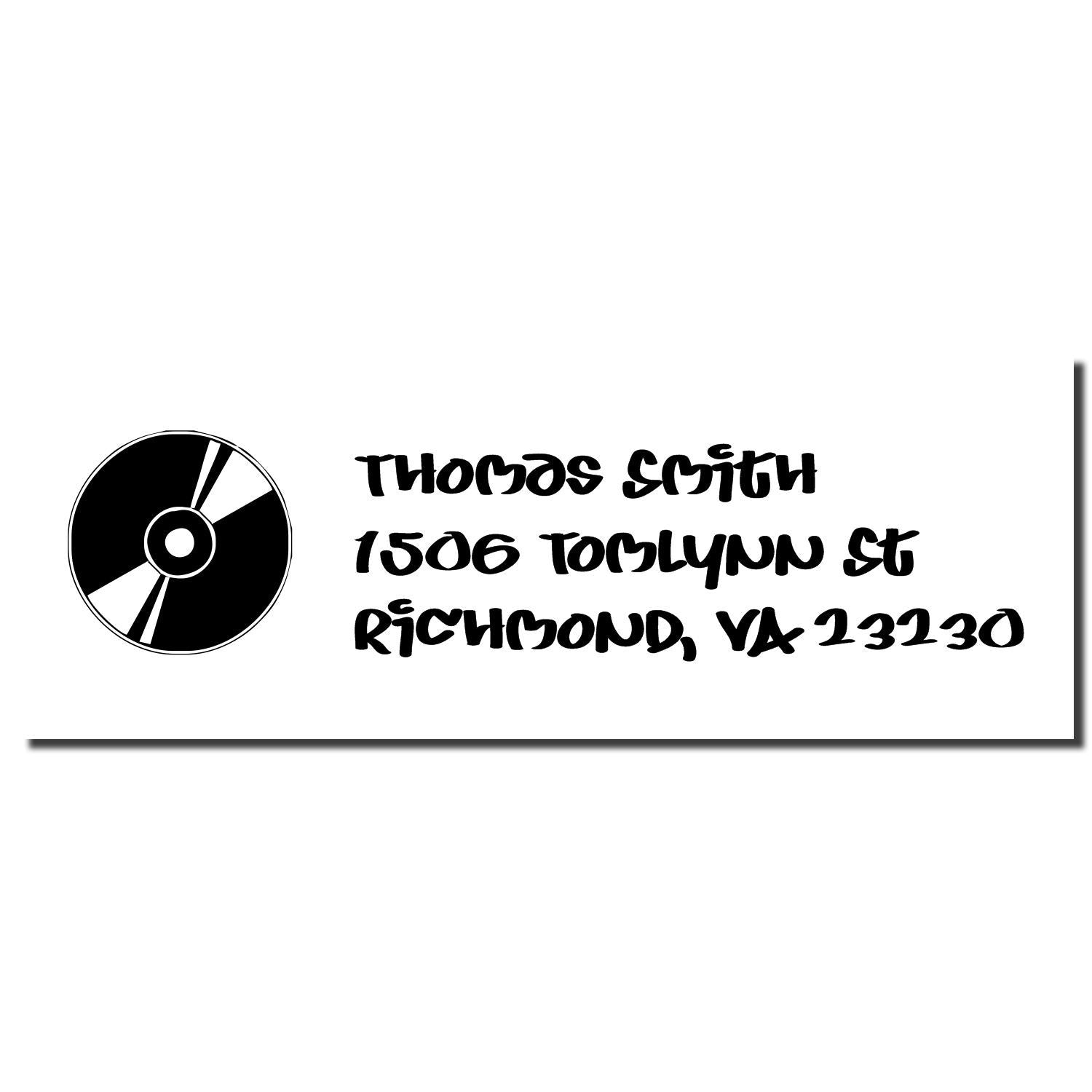 Custom return address rubber stamp for Thomas Smith, 1506 Tomlynn St, Richmond, VA 23230, with CD icon.