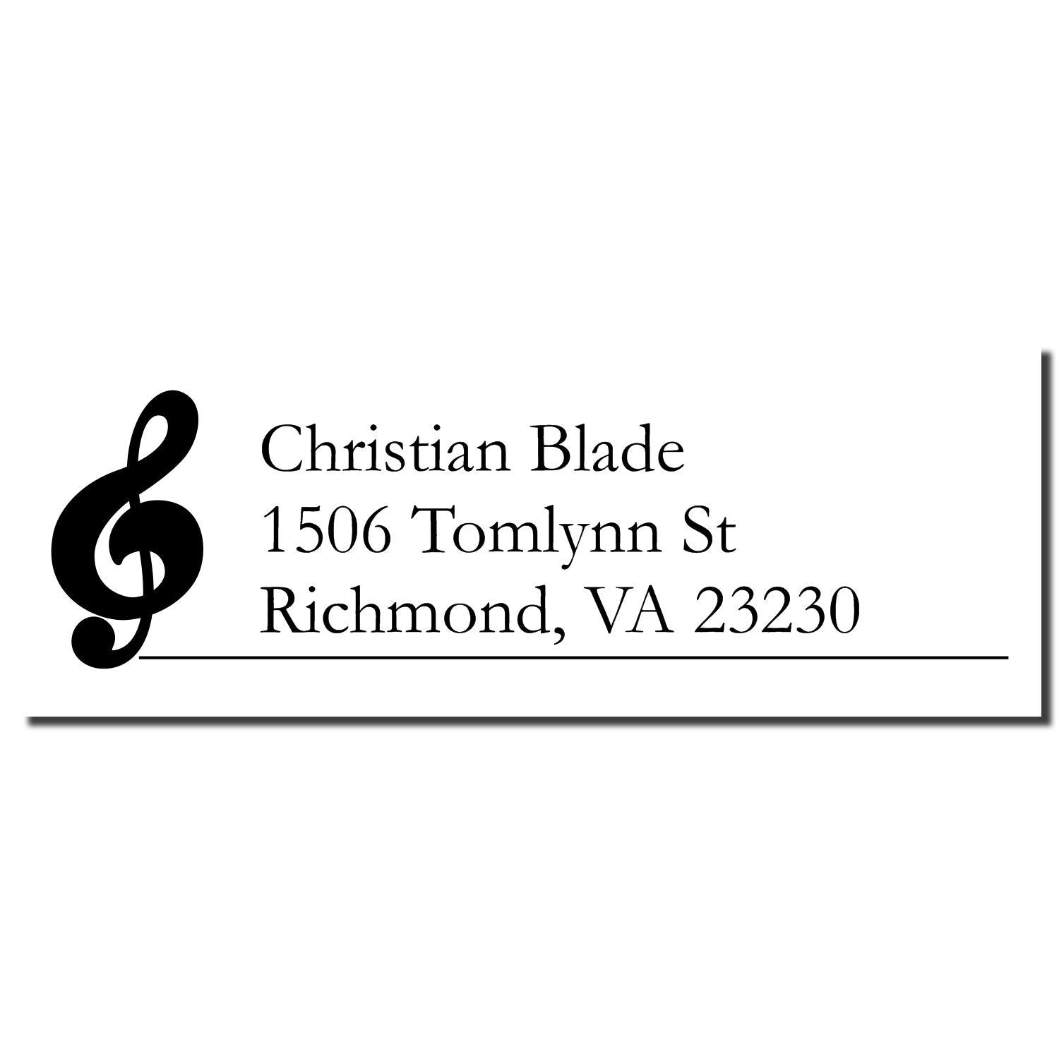 Personalized rubber stamp with treble clef monogram and return address for Christian Blade in Richmond, VA.
