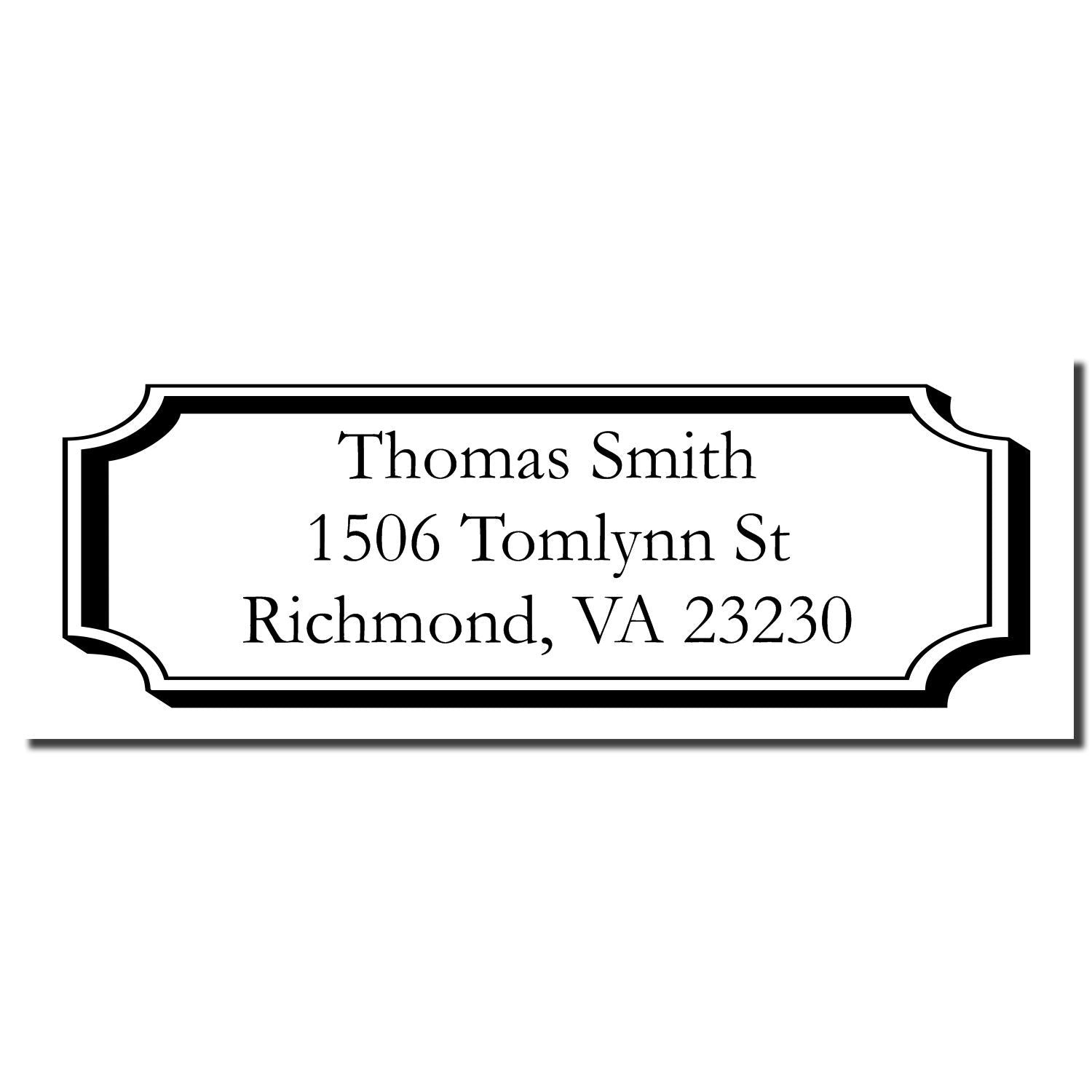 Custom rubber address stamp with decorative border for Thomas Smith, 1506 Tomlynn St, Richmond, VA 23230.