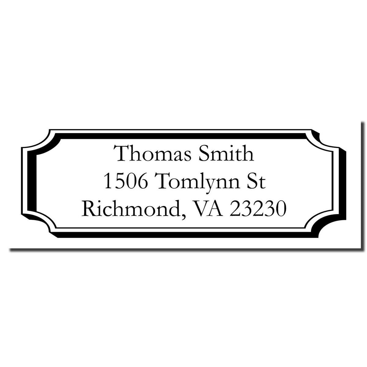Custom address rubber stamp for Thomas Smith, 1506 Tomlynn St, Richmond, VA 23230 in decorative framed design.