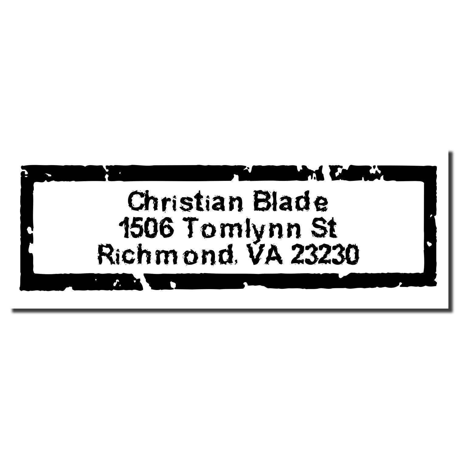 Custom return address rubber stamp for Christian Blade, 1506 Tomlynn St, Richmond, VA 23230.