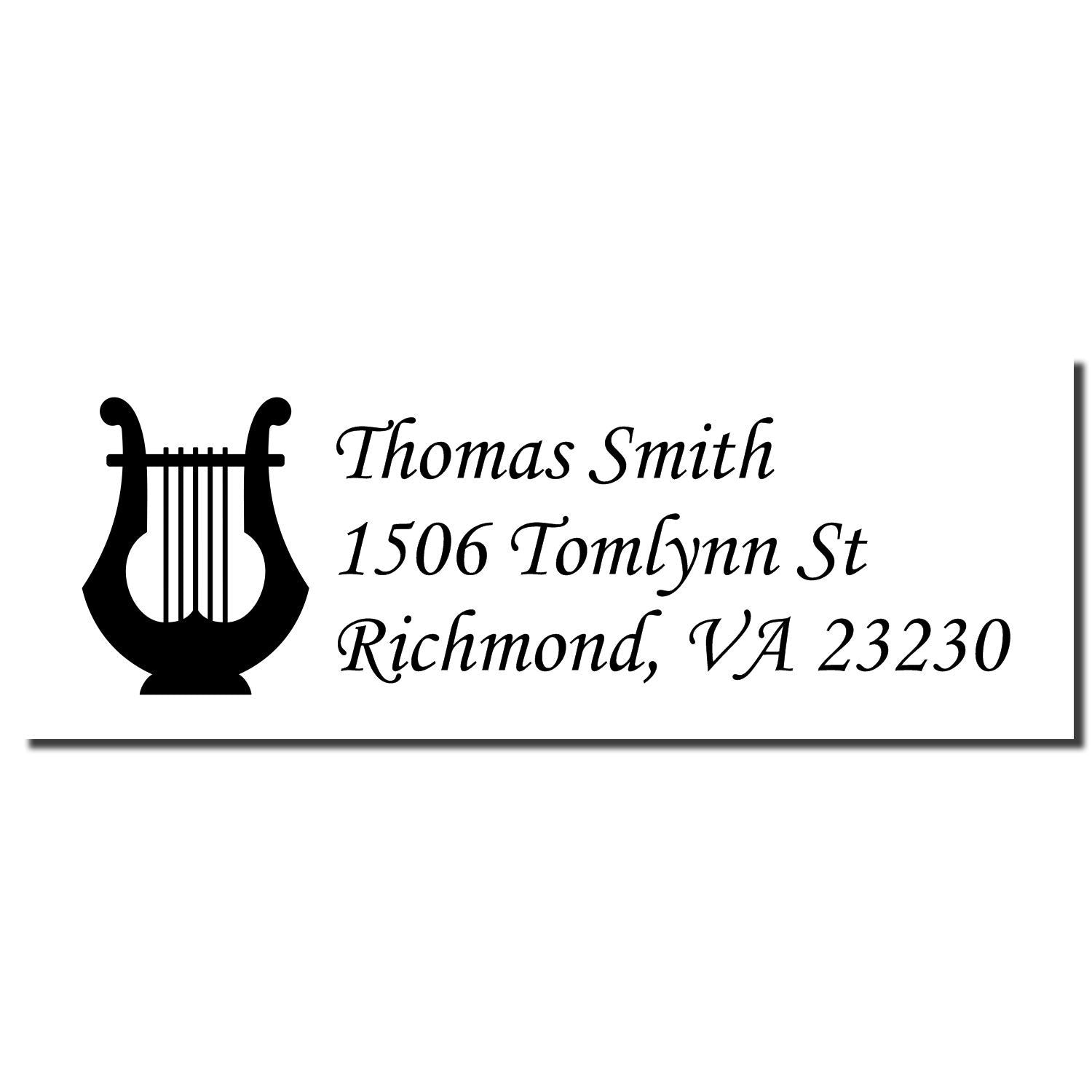 Custom return address rubber stamp with lyre icon for Thomas Smith, 1506 Tomlynn St, Richmond, VA 23230