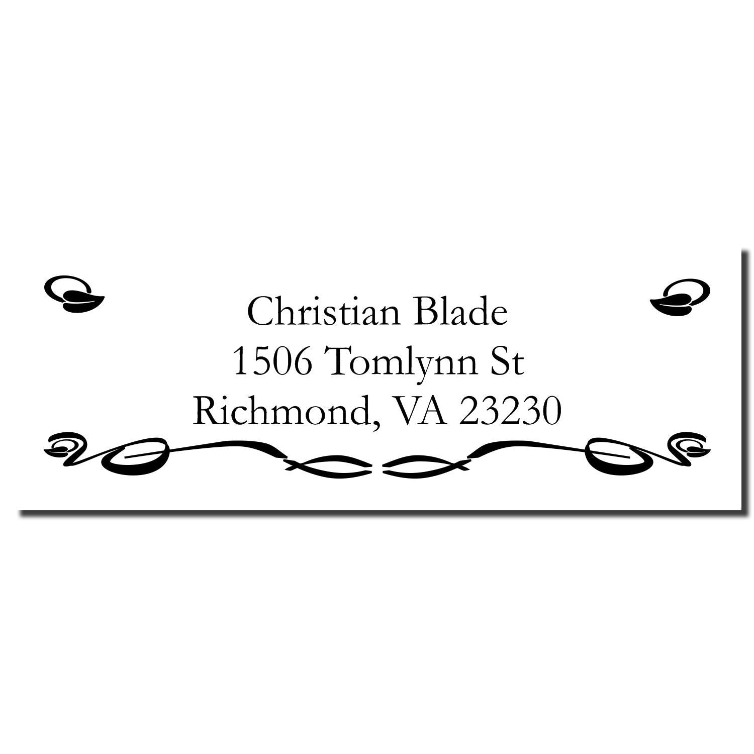 Custom address rubber stamp for Christian Blade, 1506 Tomlynn St, Richmond, VA 23230, with decorative flourishes.
