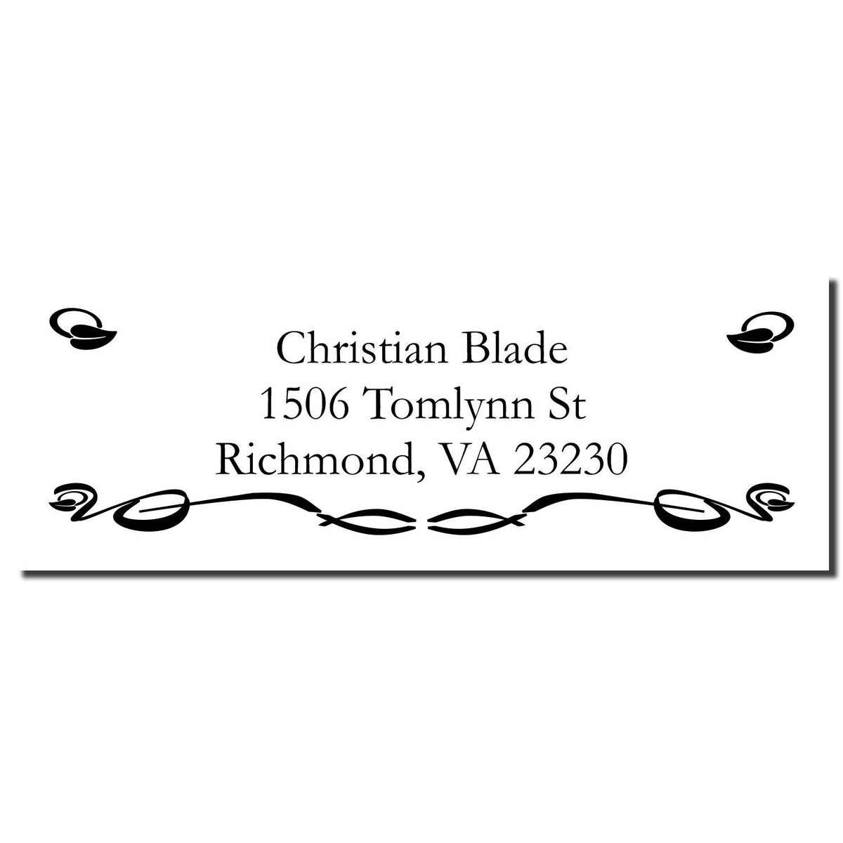 Personalized custom address rubber stamp for Christian Blade, Richmond, VA 23230 with decorative border.
