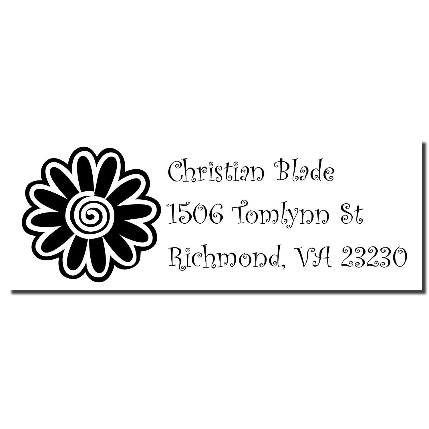 Custom floral return address rubber stamp for Christian Blade, 1506 Tomlynn St, Richmond, VA 23230