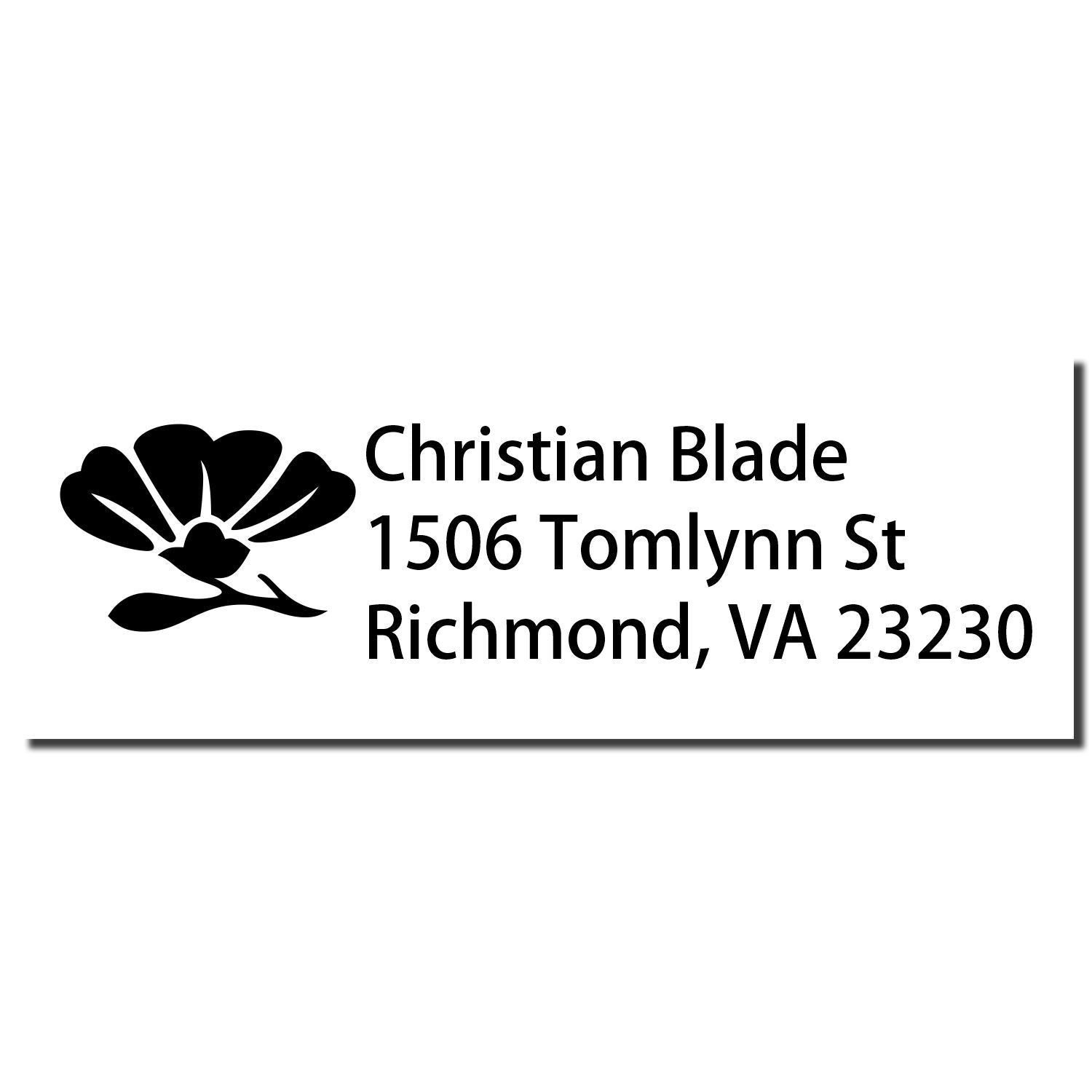 Personalized return address rubber stamp with floral logo, Christian Blade, 1506 Tomlynn St, Richmond, VA 23230.