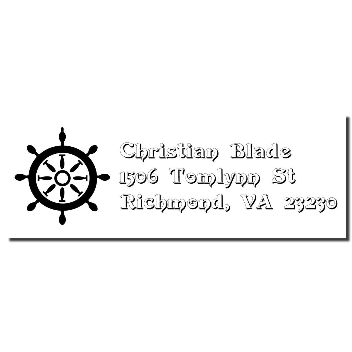 Custom rubber return address stamp with ship wheel icon for Christian Blade, 1506 Tomlynn St, Richmond, VA 23230.