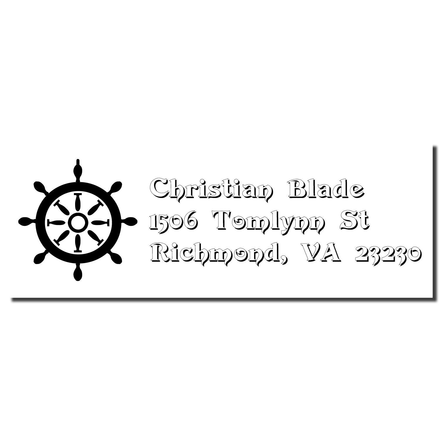 Custom nautical wheel rubber stamp with Christian Blade address, 1506 Tomlynn St, Richmond, VA 23230.
