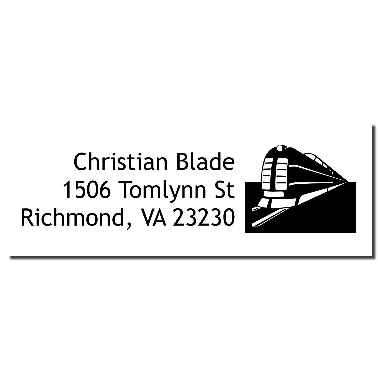 Custom return address rubber stamp for Christian Blade, Richmond, VA 23230, with train logo for personalized mailing.