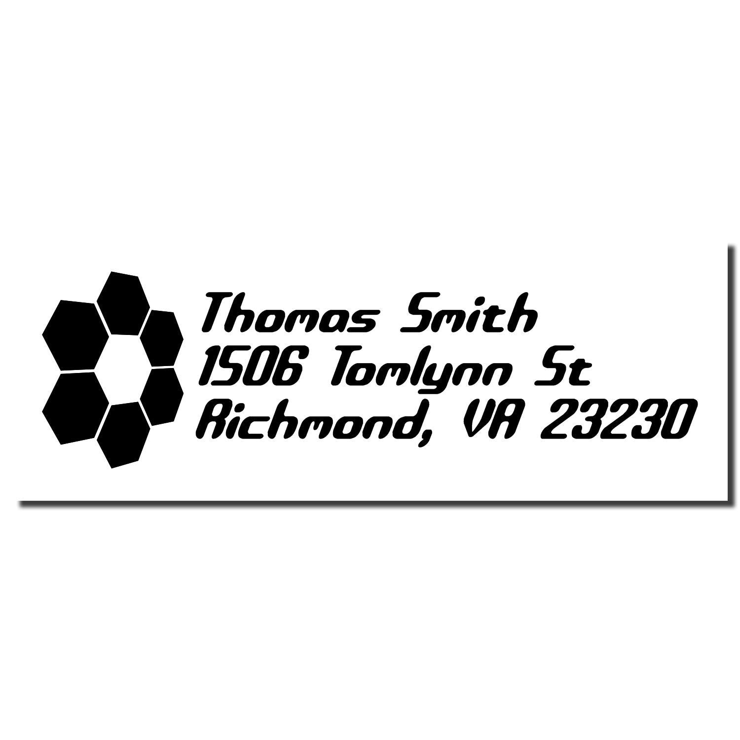 Custom rubber address stamp for Thomas Smith, 1506 Tomlynn St, Richmond, VA 23230 with hexagon logo.
