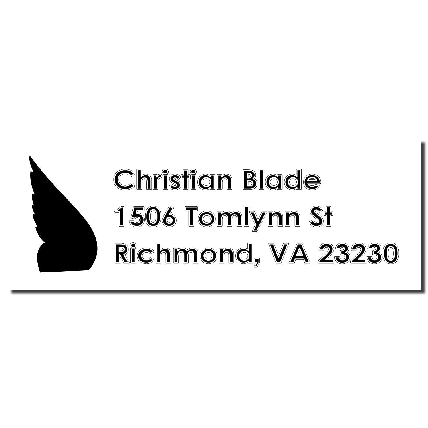 Custom Christian Blade address rubber stamp with wing logo, 1506 Tomlynn St, Richmond, VA 23230