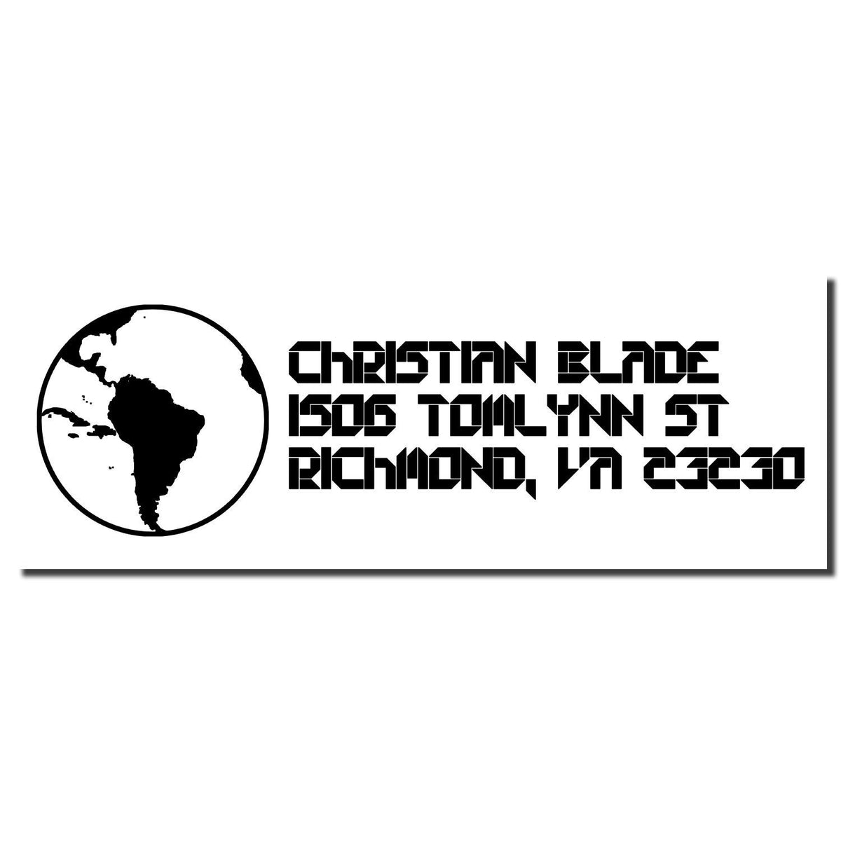 Custom return address rubber stamp for Christian Blade, Richmond, VA 23230, with globe logo.