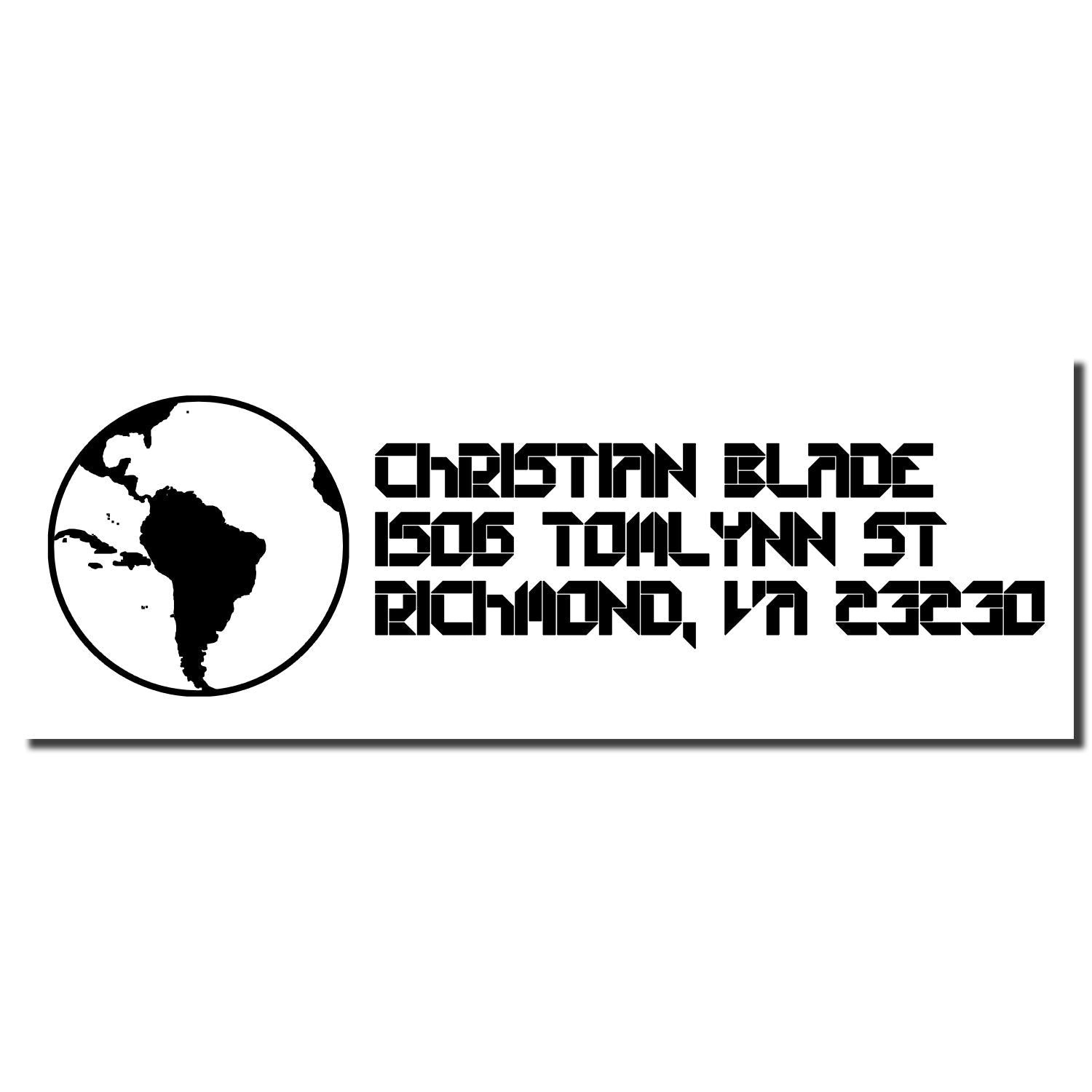 Custom Christian Blade rubber stamp with globe logo and Richmond, VA 23230 address