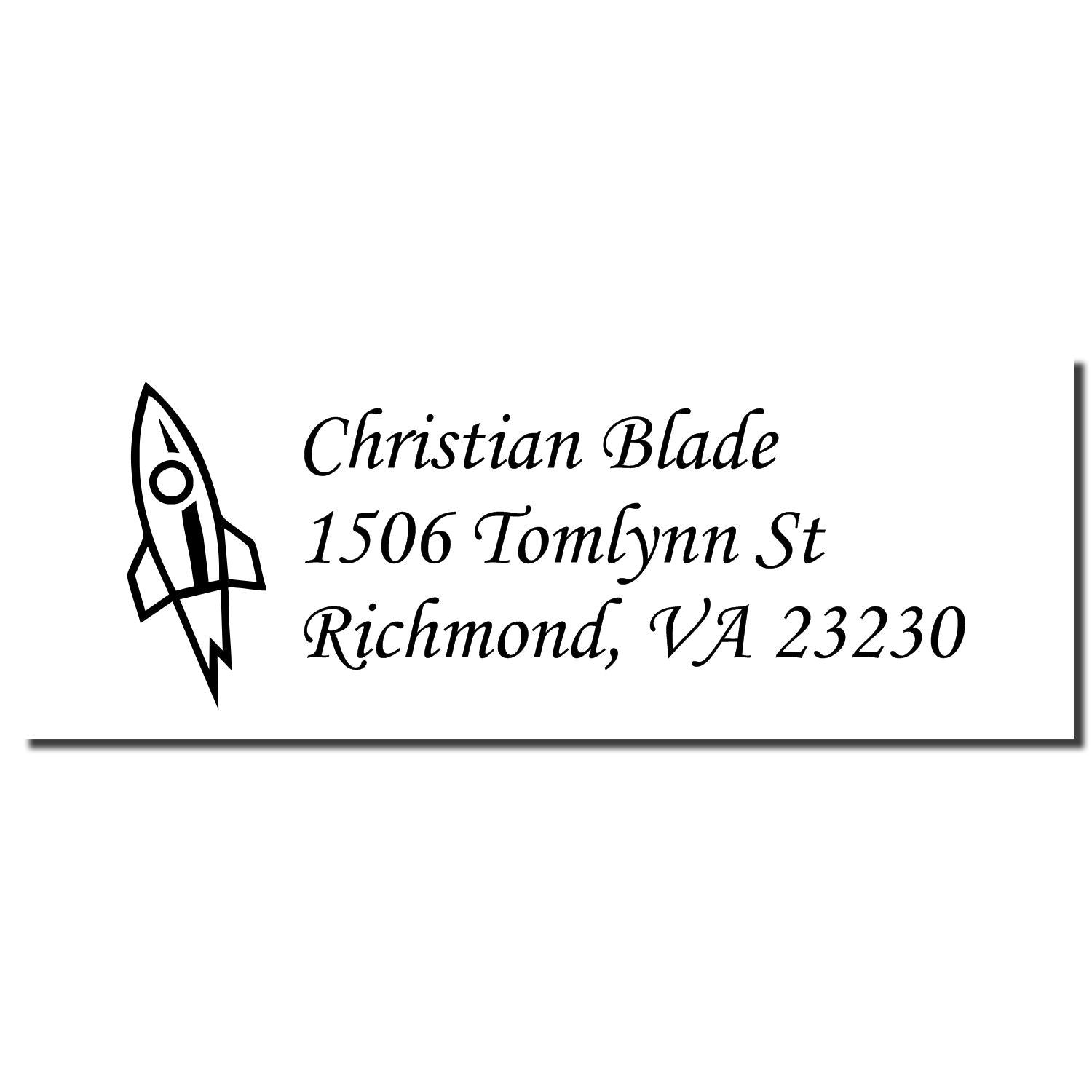Custom return address rubber stamp with rocket icon for Christian Blade, Richmond, VA 23230.