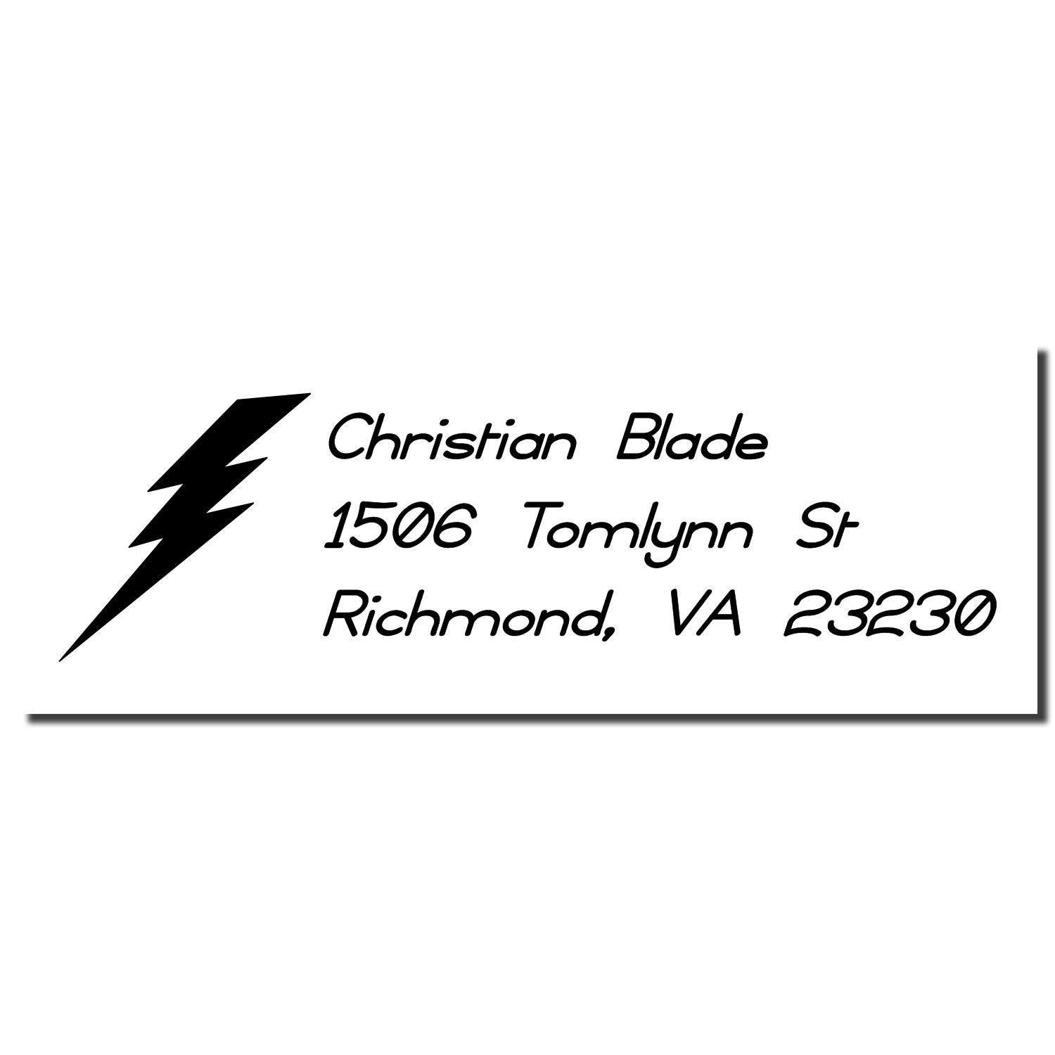Custom return address rubber stamp with lightning bolt logo for Christian Blade, 1506 Tomlynn St, Richmond, VA 23230