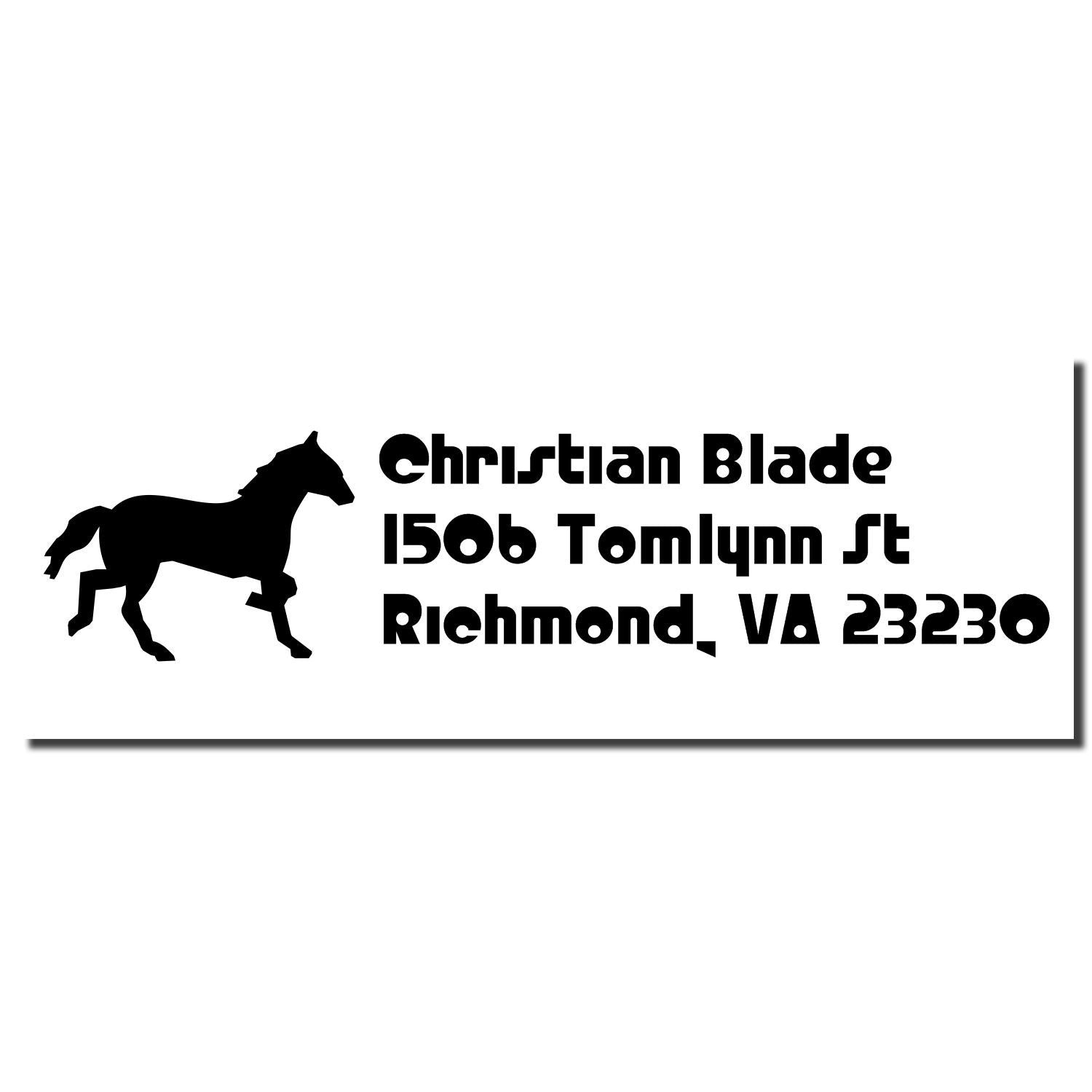 Custom horse return address rubber stamp with Christian Blade, 1506 Tomlynn St, Richmond, VA 23230.