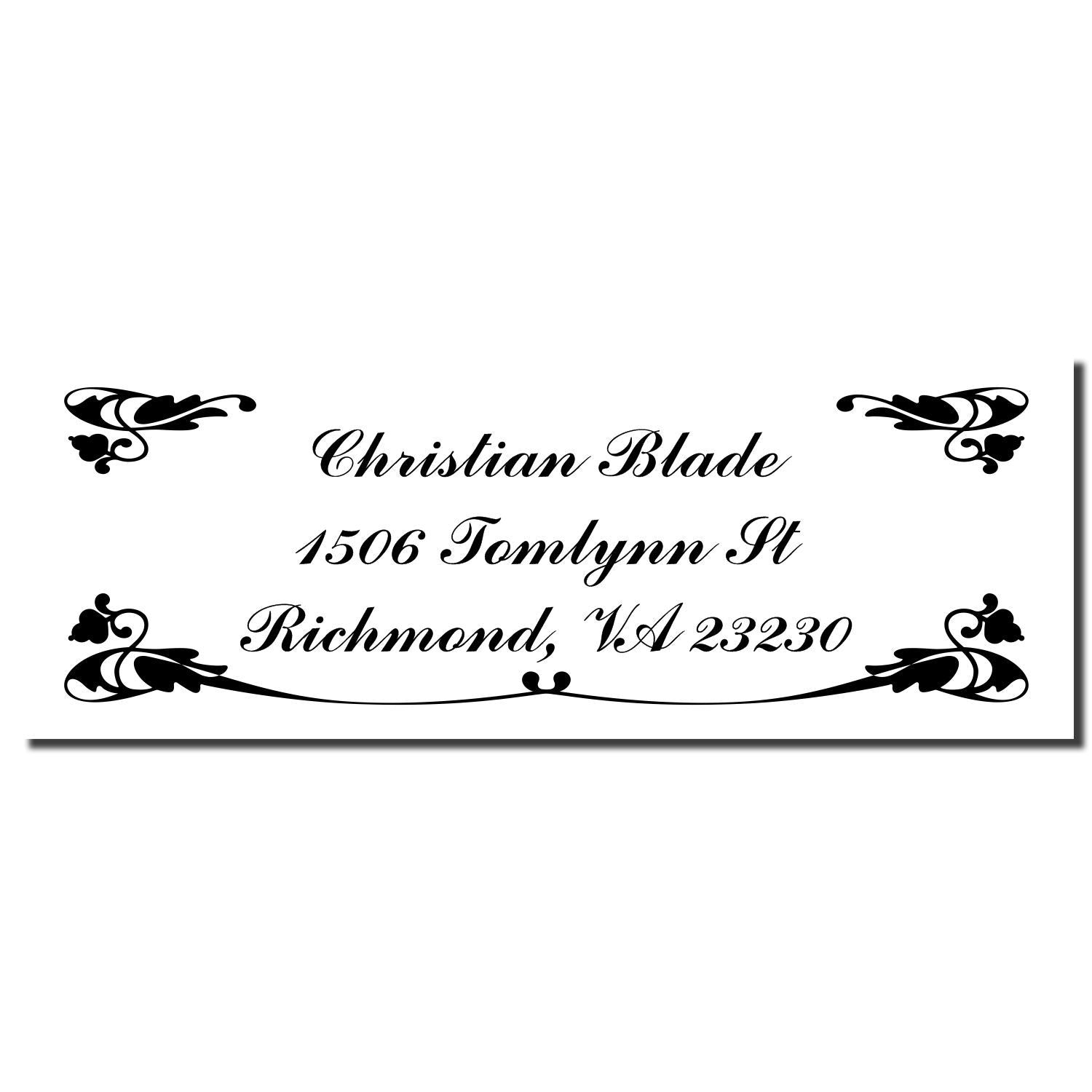 Custom address rubber stamp with ornamental flourishes for Christian Blade, 1506 Tomlynn St, Richmond, VA 23230.