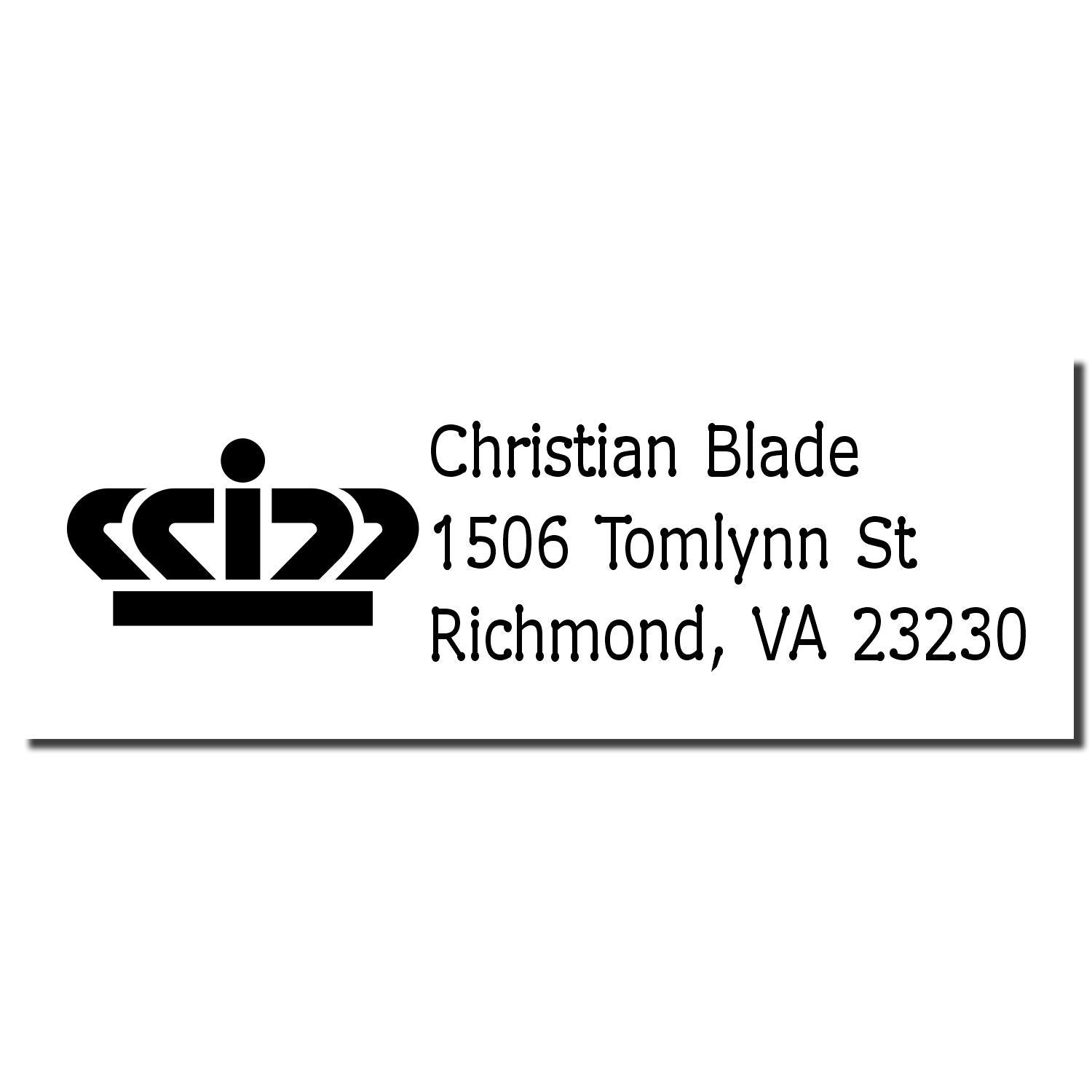 Custom rubber address stamp for Christian Blade with crown logo, 1506 Tomlynn St, Richmond, VA 23230.