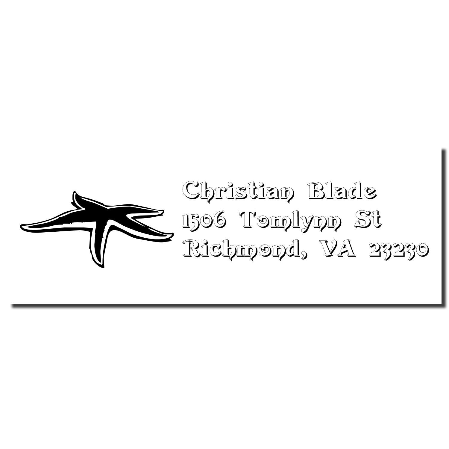 Custom Christian Blade address rubber stamp with logo, 1506 Tomlynn St, Richmond, VA 23230