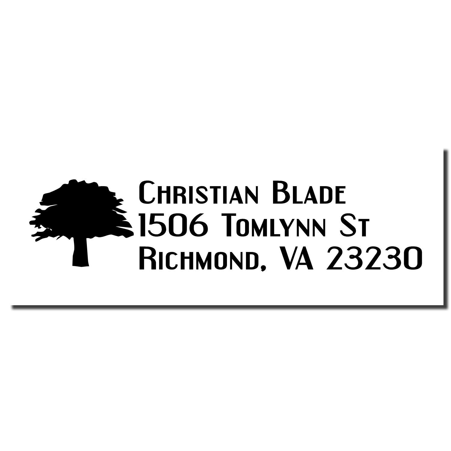 Custom return address rubber stamp for Christian Blade, 1506 Tomlynn St, Richmond, VA 23230, with tree logo.