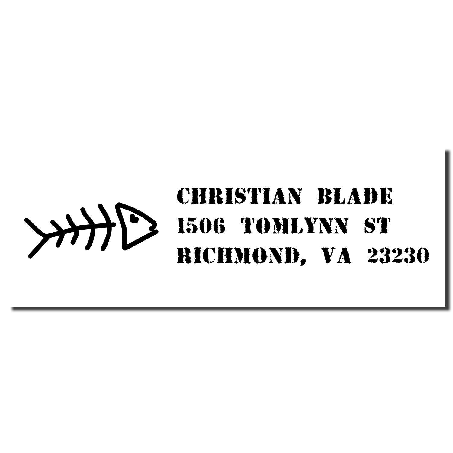 Custom Christian Blade rubber address stamp with fishbone logo and return address for Richmond, VA 23230.