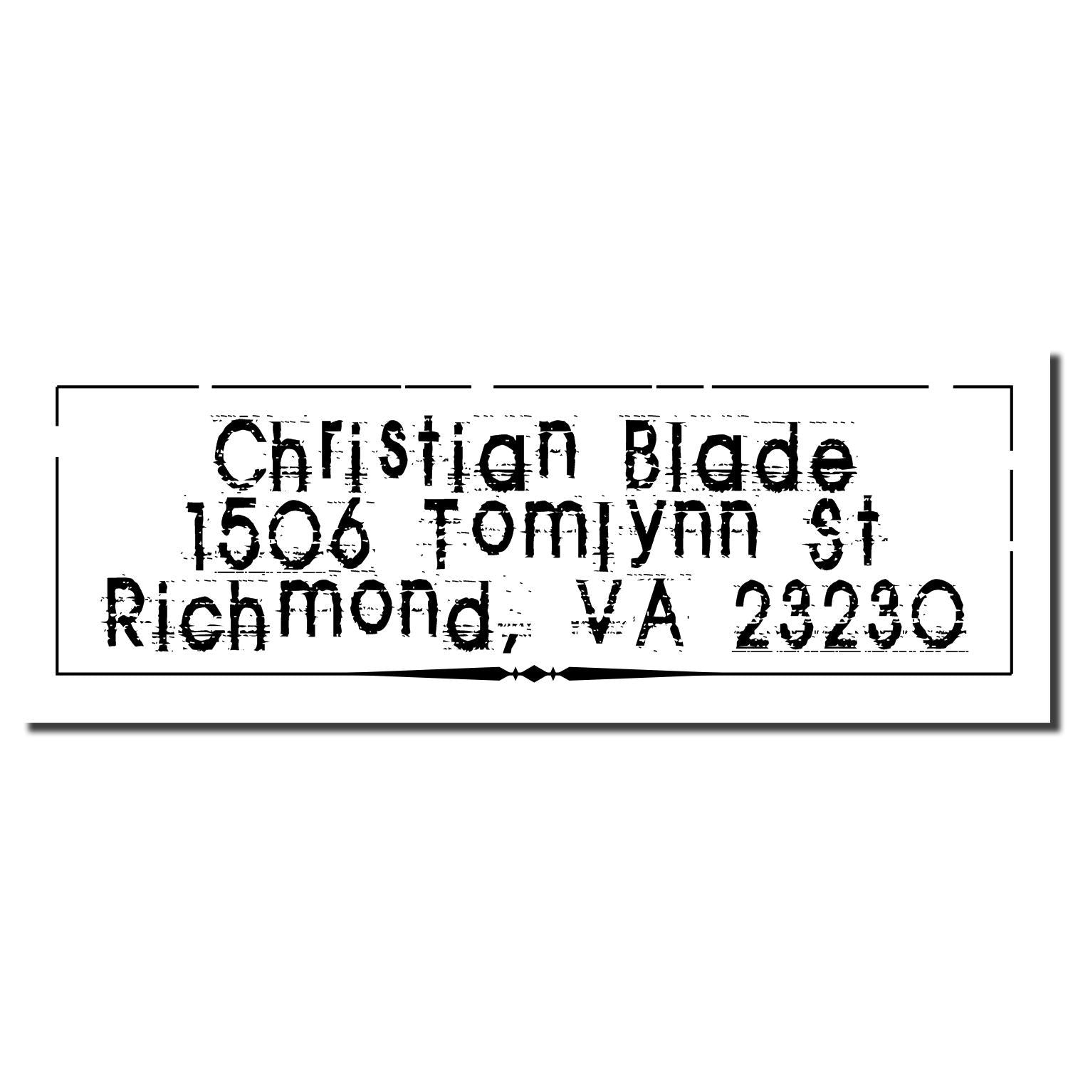Custom address rubber stamp for Christian Blade, 1506 Tomlynn St, Richmond, VA 23230, with distressed text design