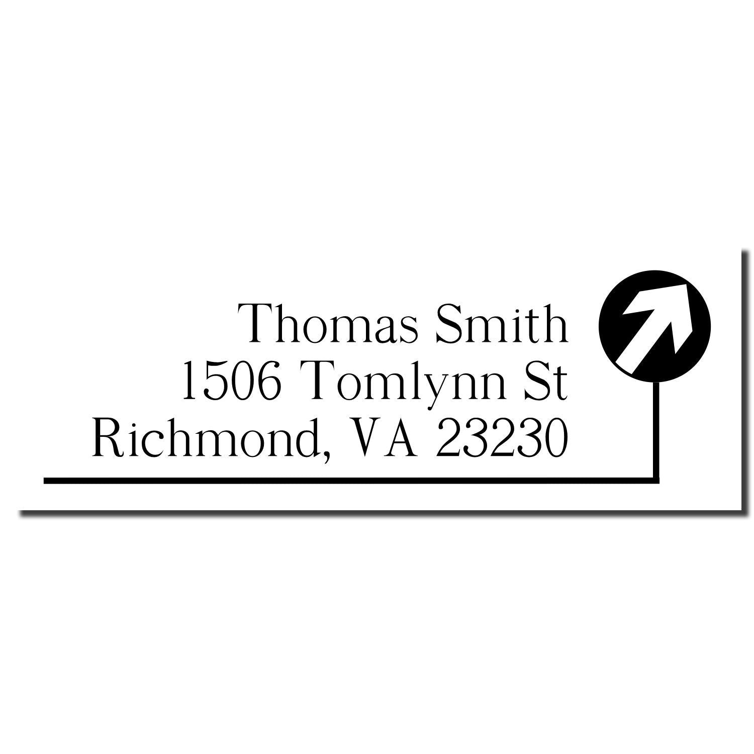 Custom return address rubber stamp for Thomas Smith, 1506 Tomlynn St, Richmond, VA 23230, with arrow icon.
