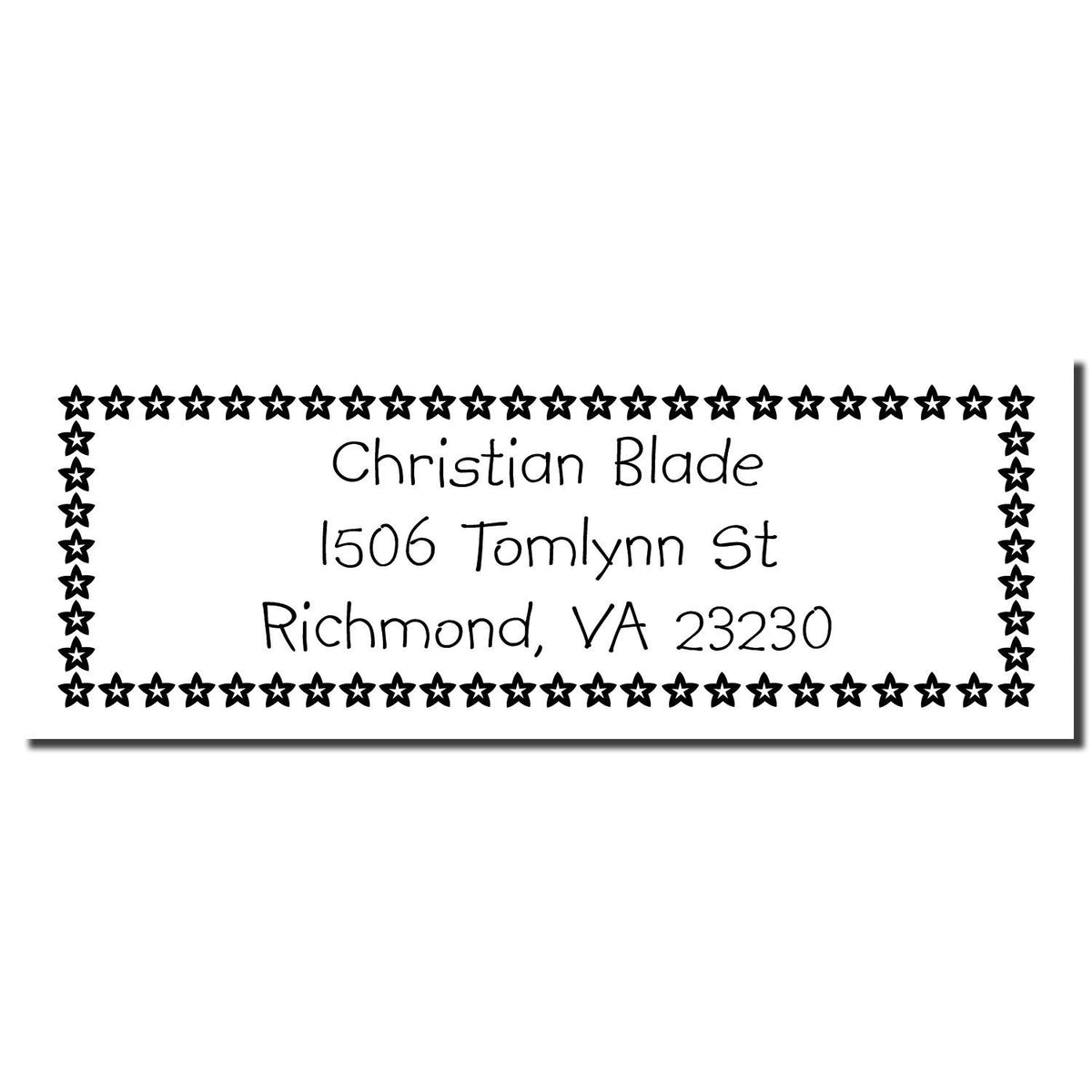 Custom return address rubber stamp with star border for Christian Blade, 1506 Tomlynn St, Richmond, VA 23230.