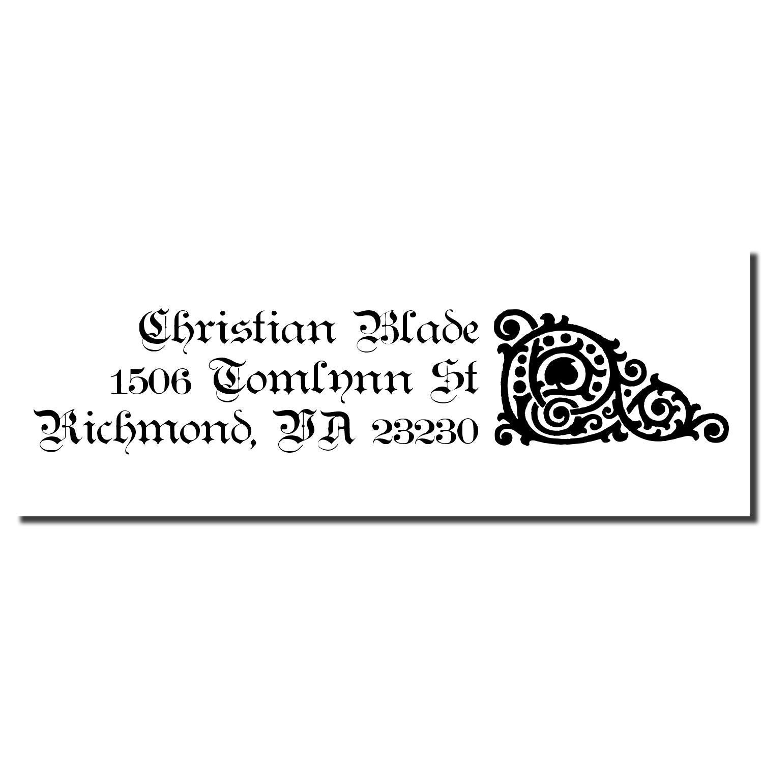 Custom rubber stamp with gothic address design: Christian Blade, 1506 Tomlyn St, Richmond, VA 23230, with ornate C.