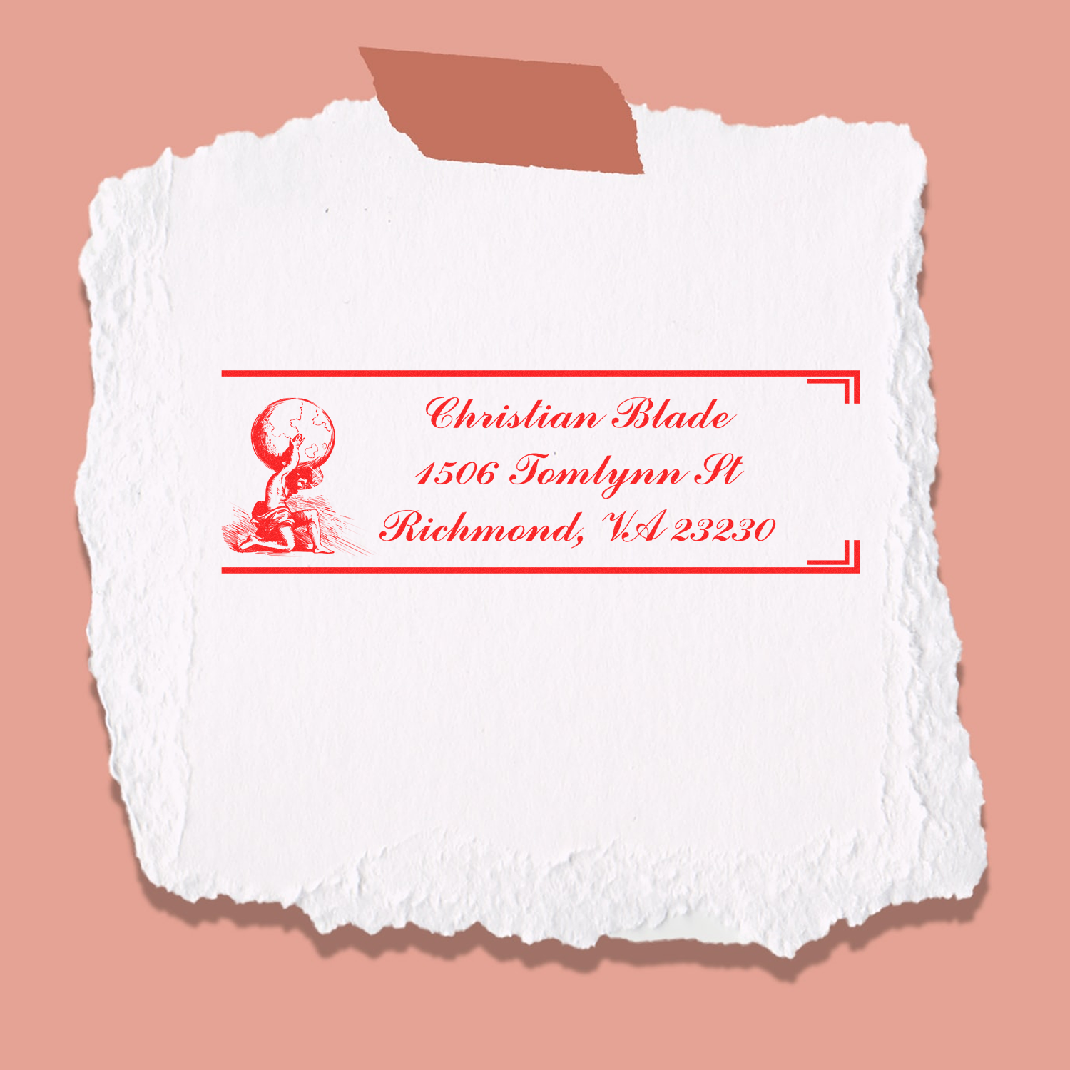 Custom return address rubber stamp for Christian Blade, 1506 Tomlynn St, Richmond, VA 23230, with logo.