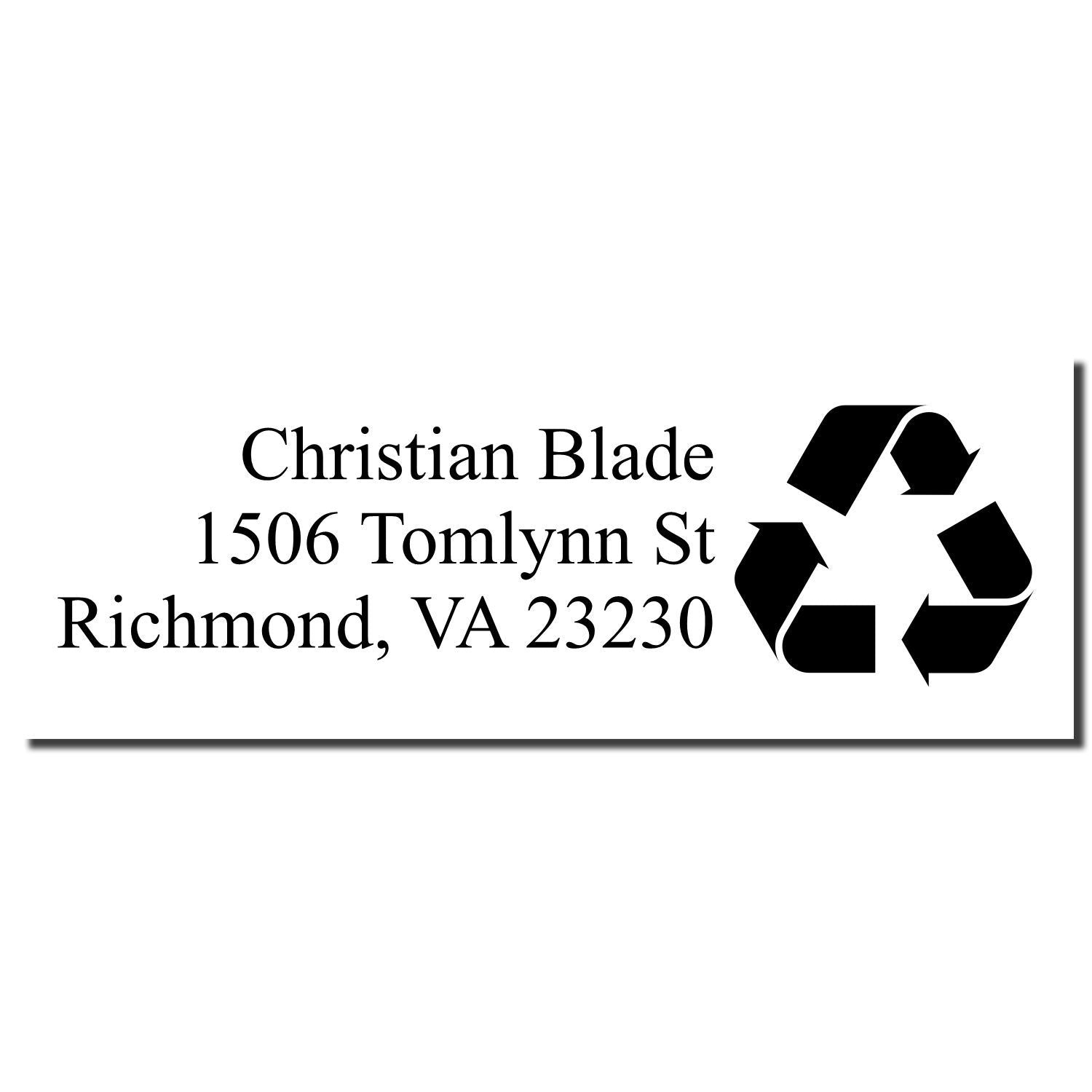 Custom return address rubber stamp with recycle symbol for Christian Blade, 1506 Tomlynn St, Richmond, VA 23230.