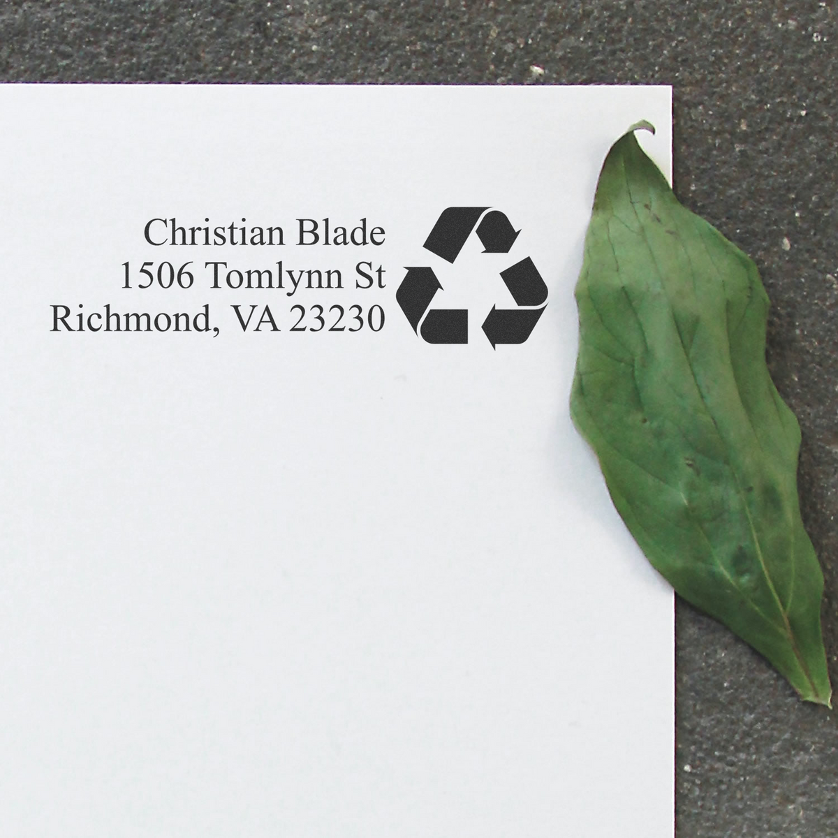 Personalized return address rubber stamp with recycling symbol for eco-friendly mail