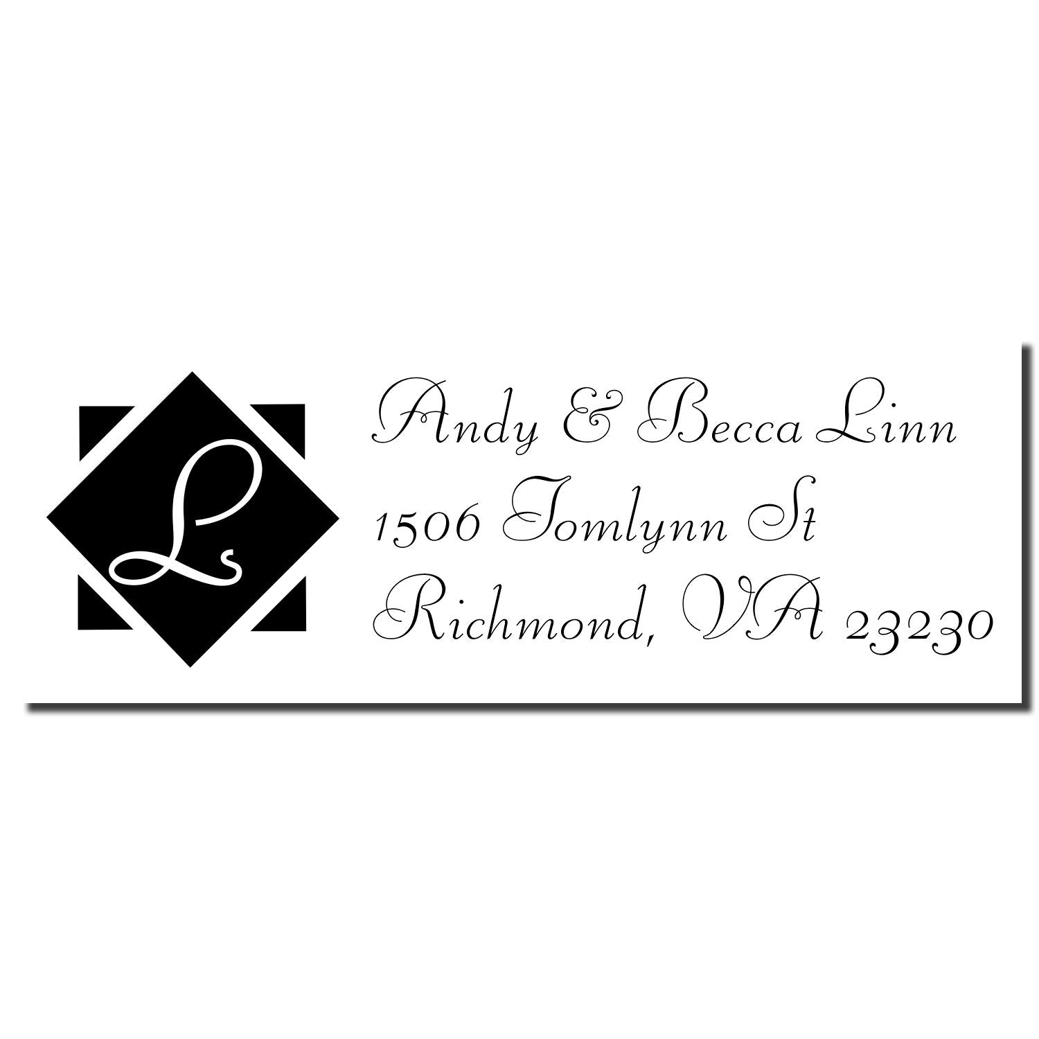Personalized rubber stamp with monogram and return address for Andy & Becca Linn, Richmond, VA 23230.