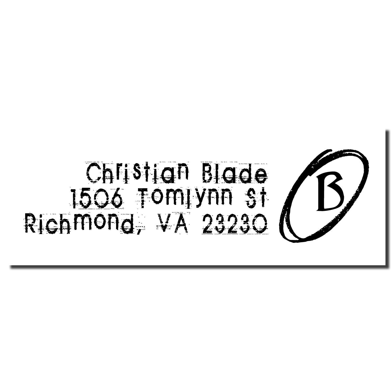 Custom return address rubber stamp for Christian Blade, Richmond, VA 23230, with oval B monogram.
