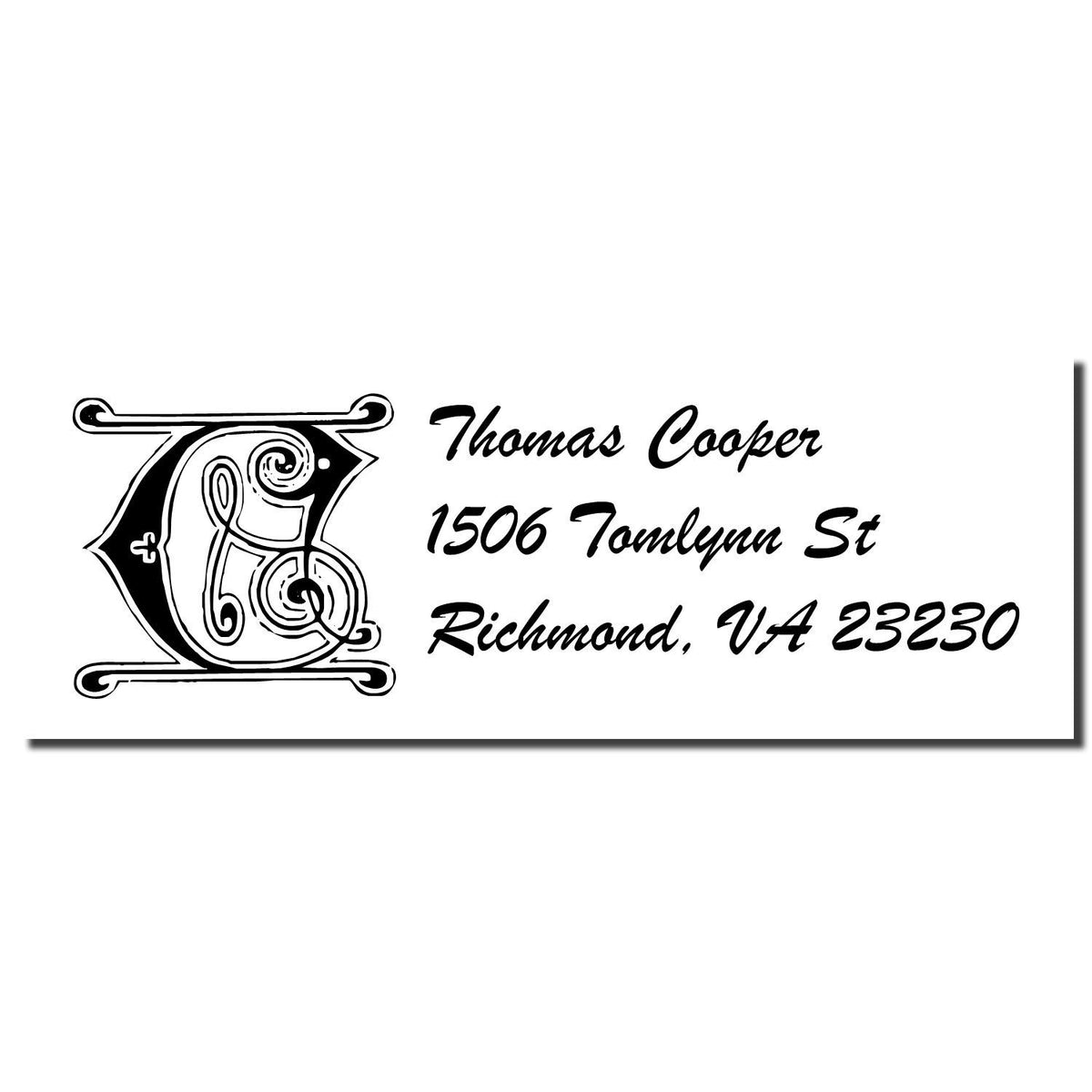 Custom return address rubber stamp for Thomas Cooper, 1506 Tomlynn St, Richmond, VA 23230.