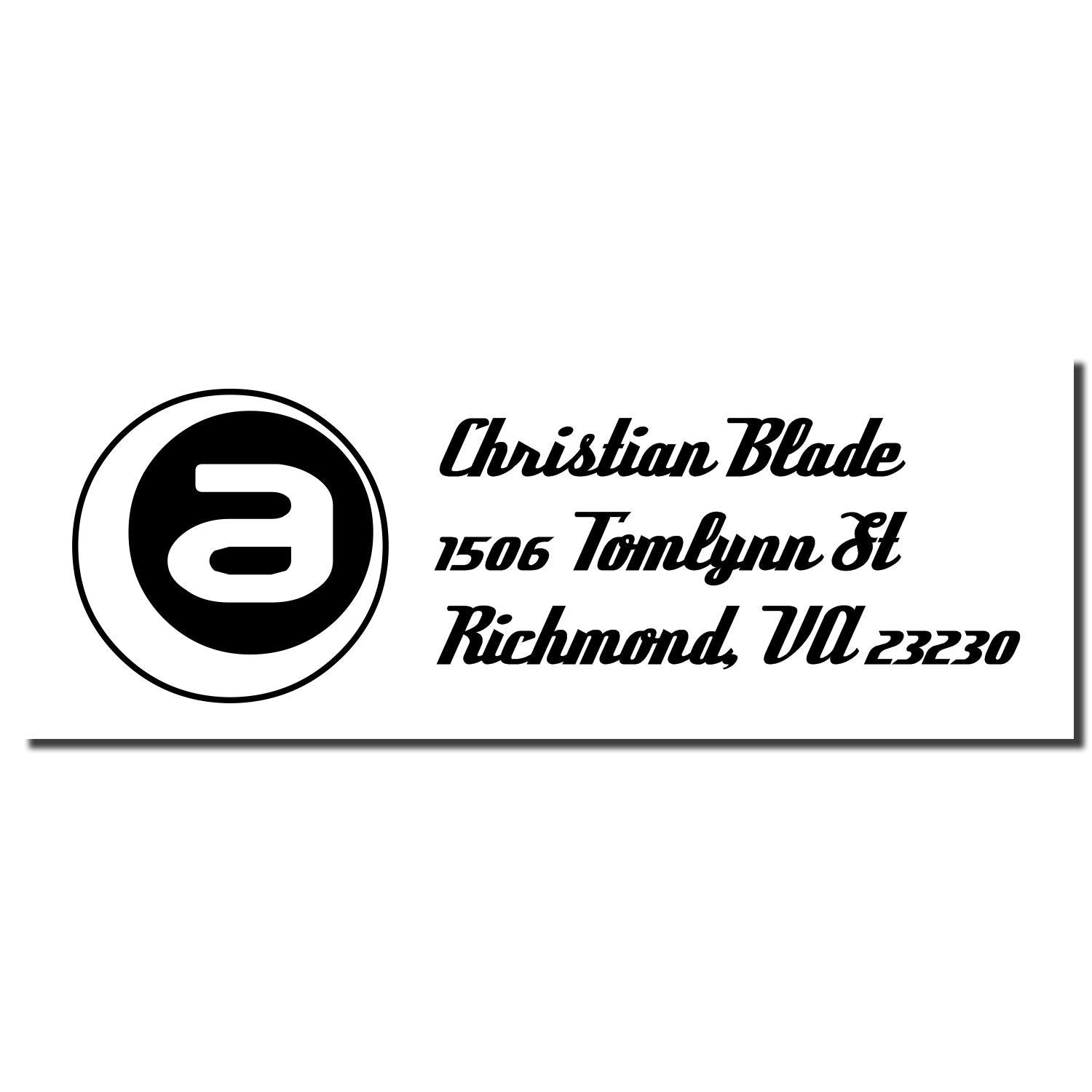 Christian Blade custom rubber address stamp with logo, 1506 Tomlyn St, Richmond, VA 23230.