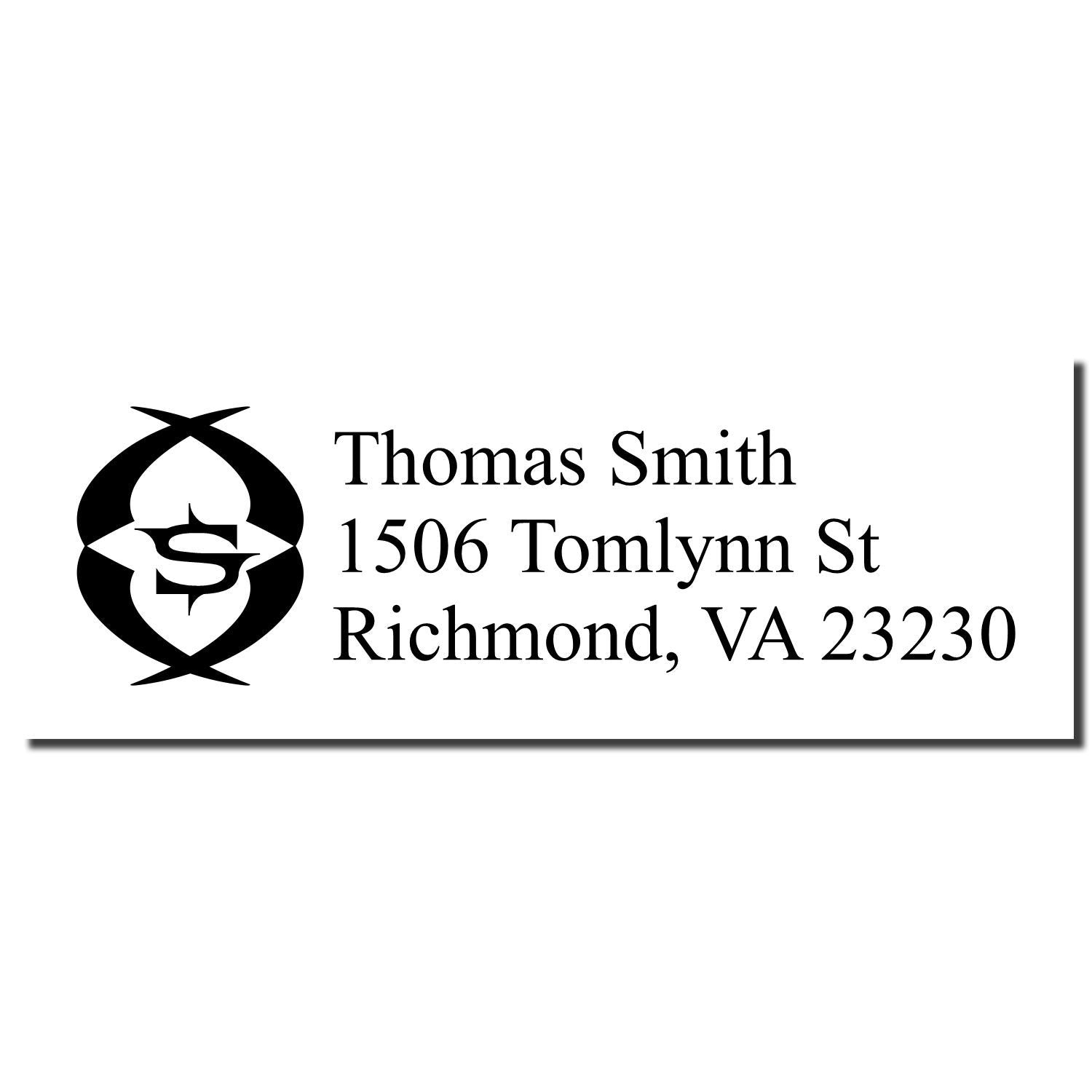 Custom return address rubber stamp for Thomas Smith, 1506 Tomlynn St, Richmond, VA 23230 with monogram logo.