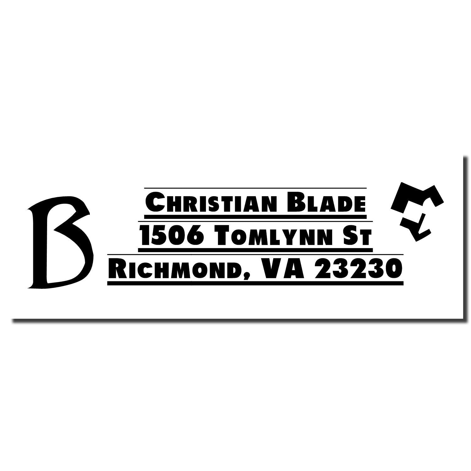 Custom Christian Blade address rubber stamp with monogram B, 1506 Tomlynn St, Richmond, VA 23230