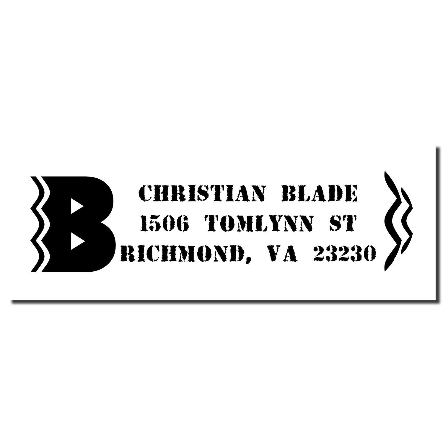 Custom Christian Blade address rubber stamp with logo, Richmond, VA mailing details for business branding.