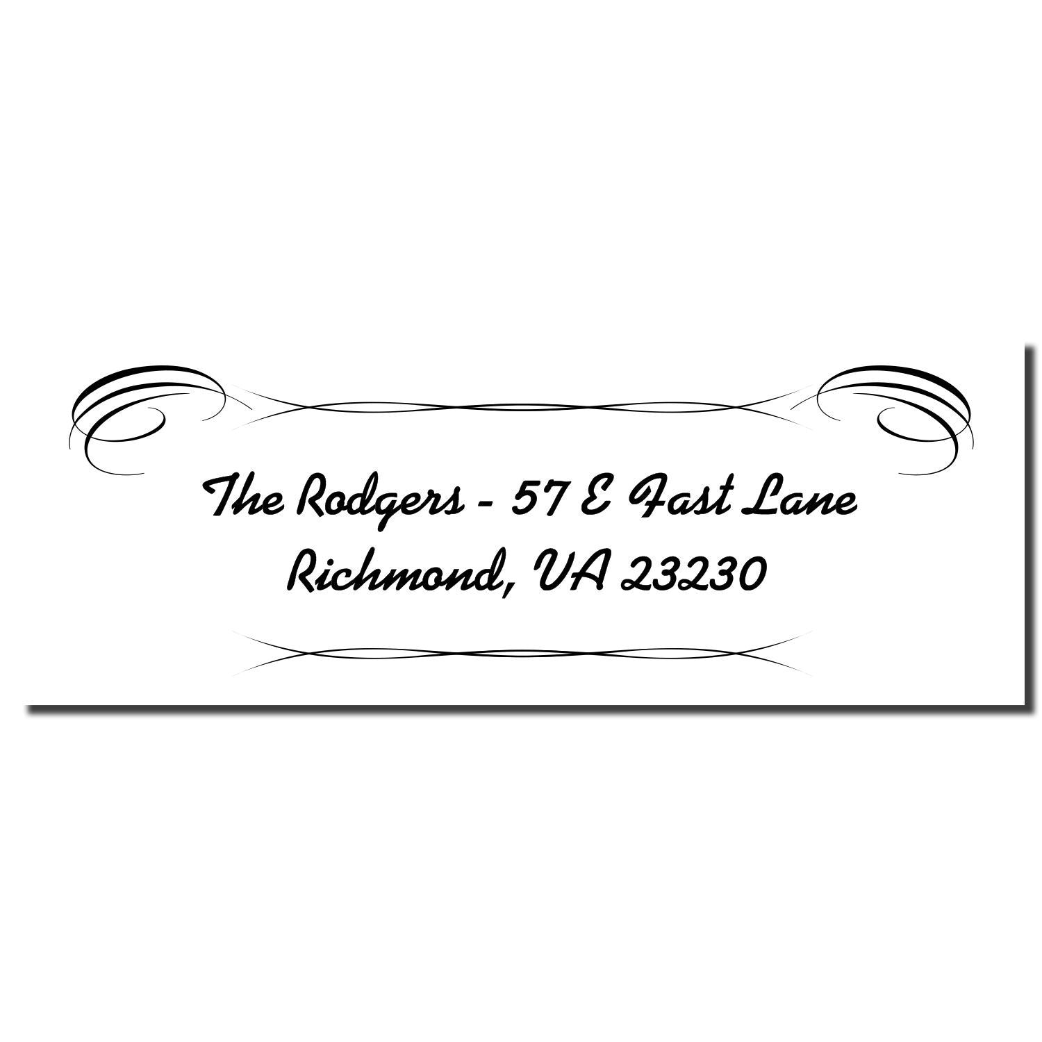 Custom decorative address rubber stamp for The Rodgers, 57 E Fast Lane, Richmond, VA 23230.