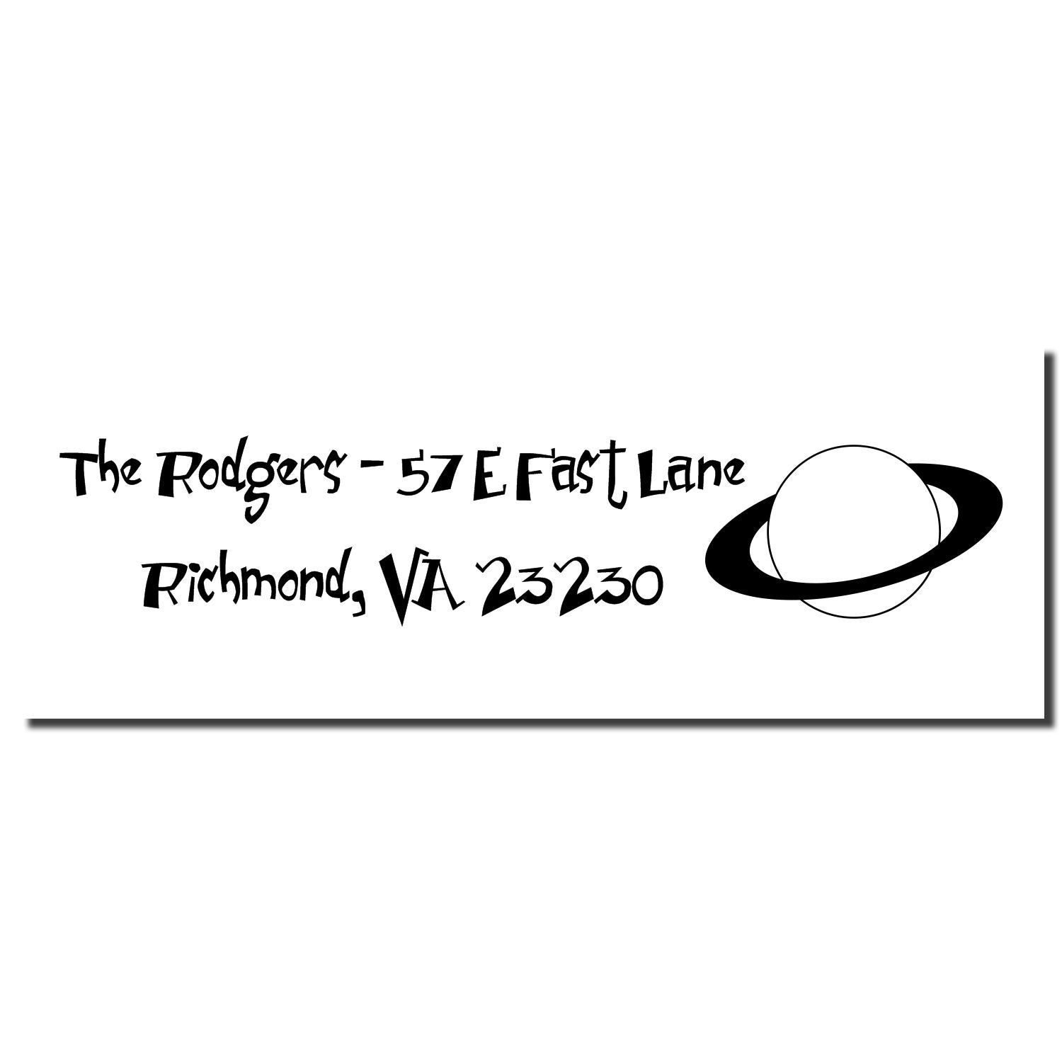 Custom return address rubber stamp for The Rodgers, 57 E. East Lane, Richmond, VA 23230, with planet logo.