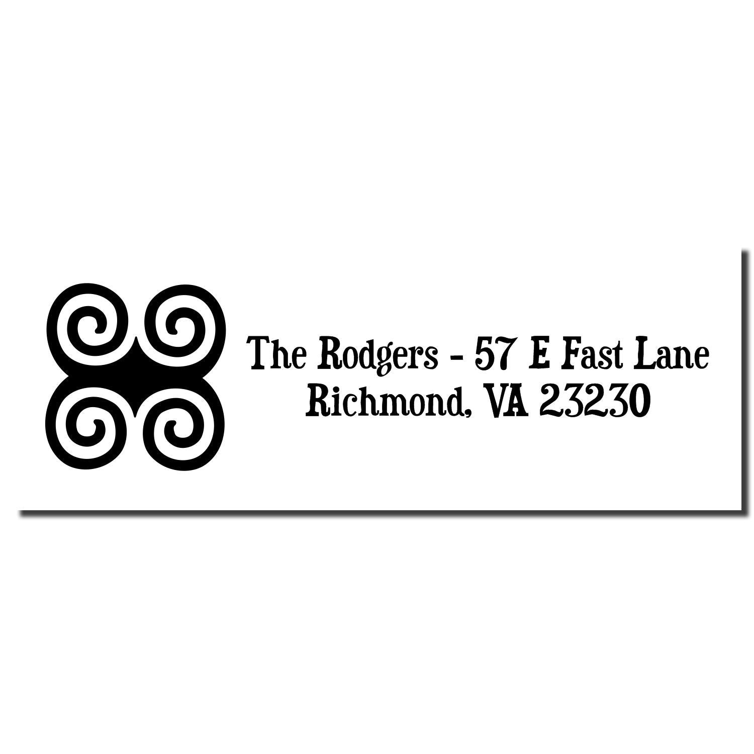 Custom address rubber stamp for The Rodgers, 57 E Fast Lane, Richmond, VA 23230, with decorative monogram design.
