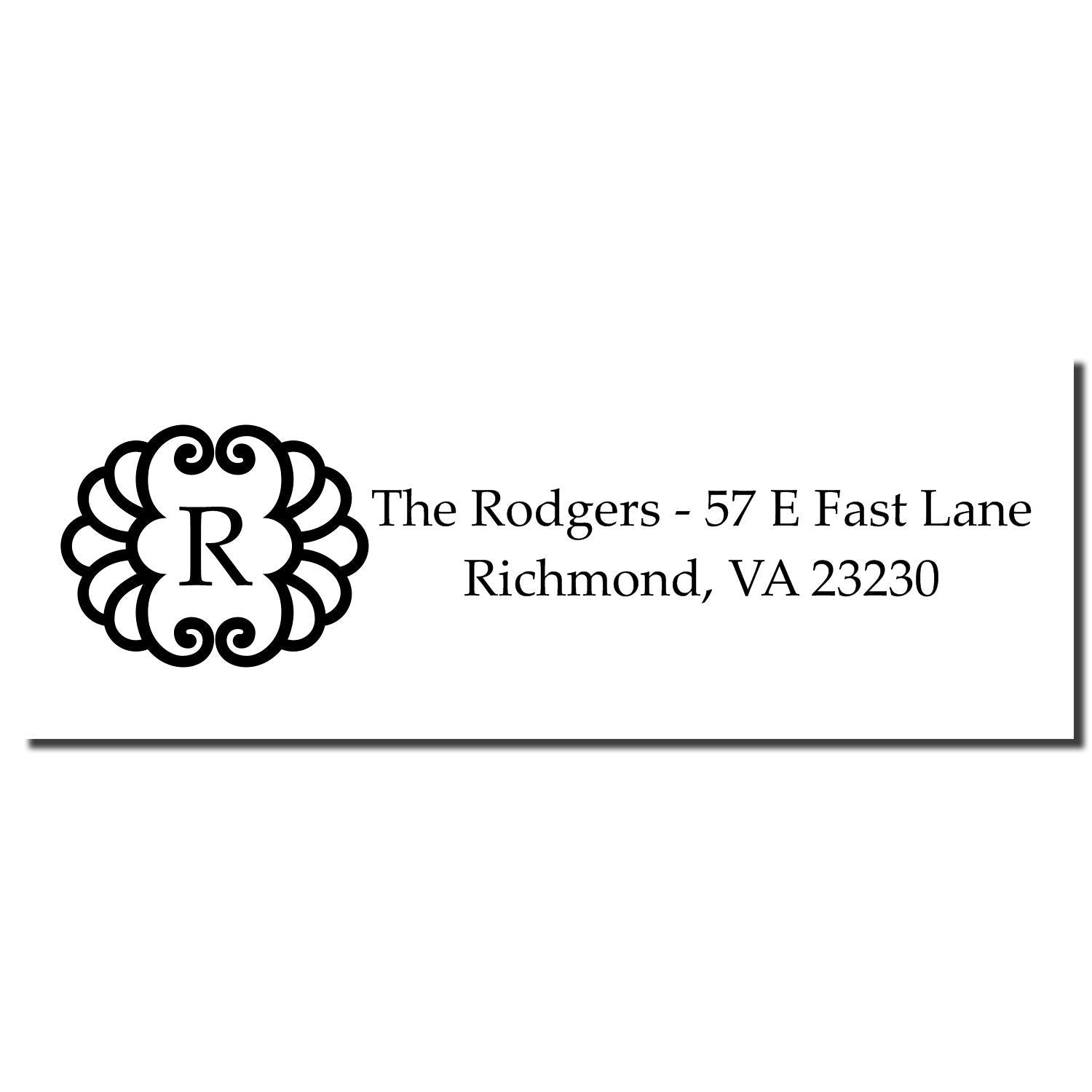 Custom return address rubber stamp with monogram R for The Rodgers, 57 E Fast Lane, Richmond, VA 23230