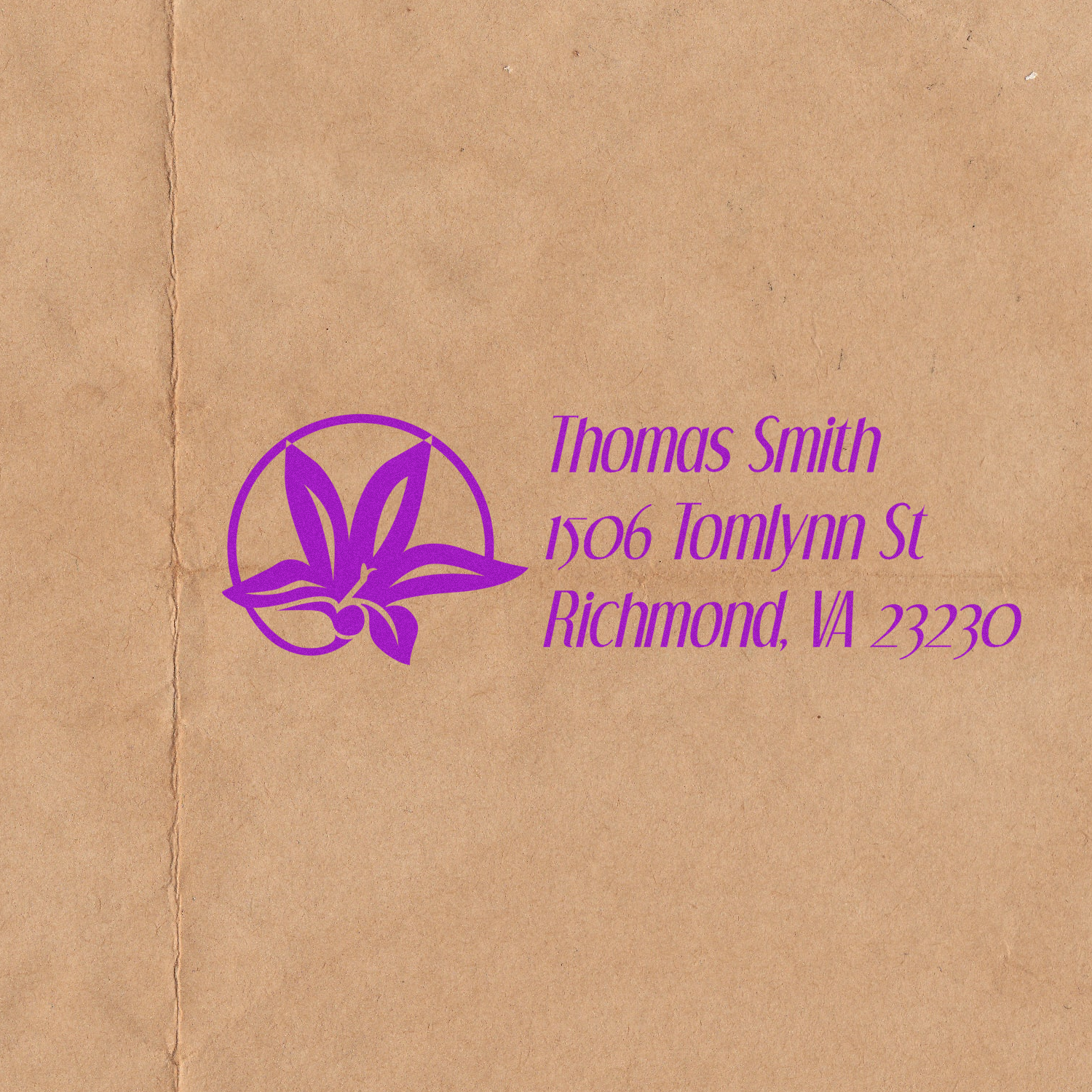 Personalized rubber return address stamp with floral logo for Thomas Smith, 1506 Tomlynn St, Richmond, VA 23230