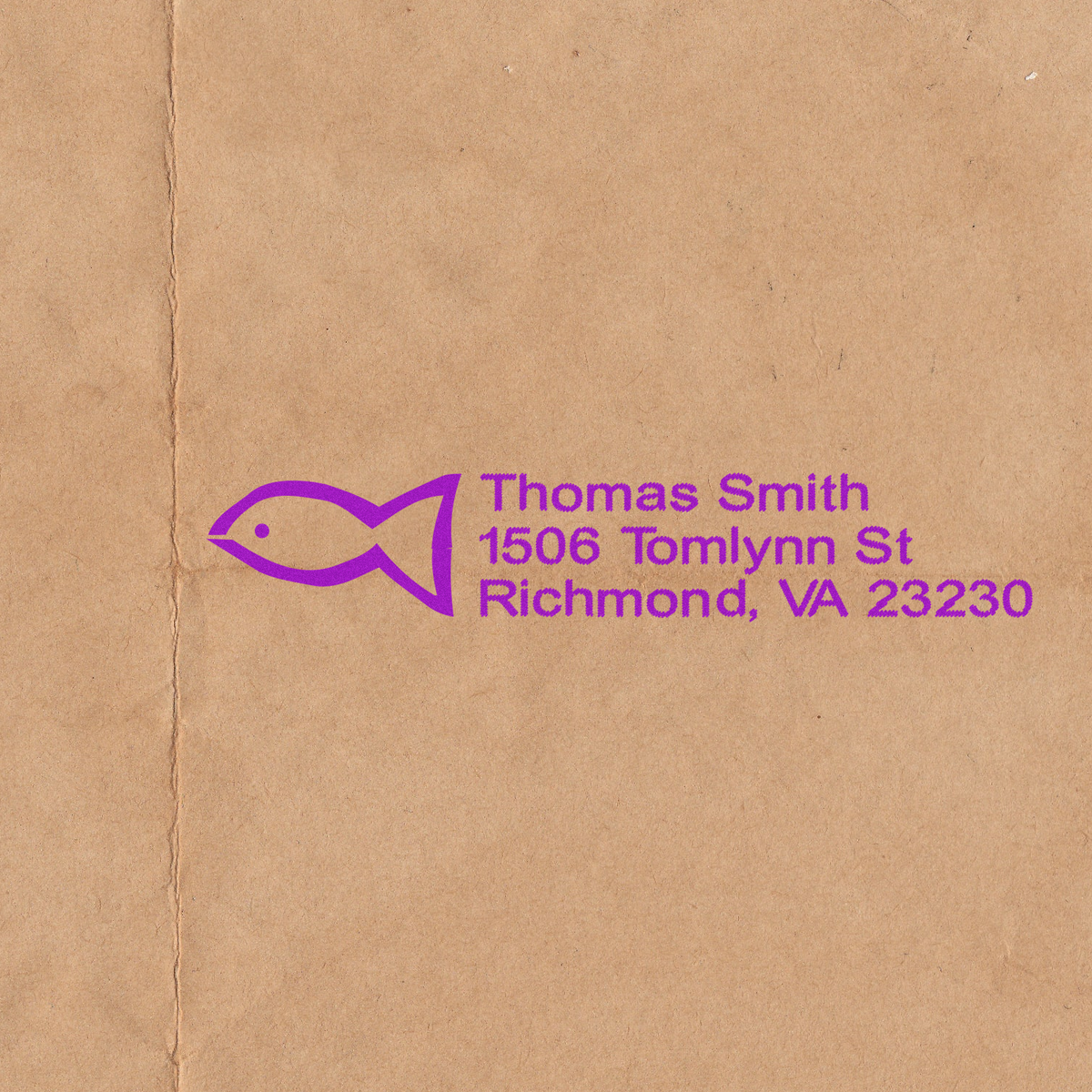Custom rubber address stamp with fish logo for Thomas Smith, Richmond, VA 23230.