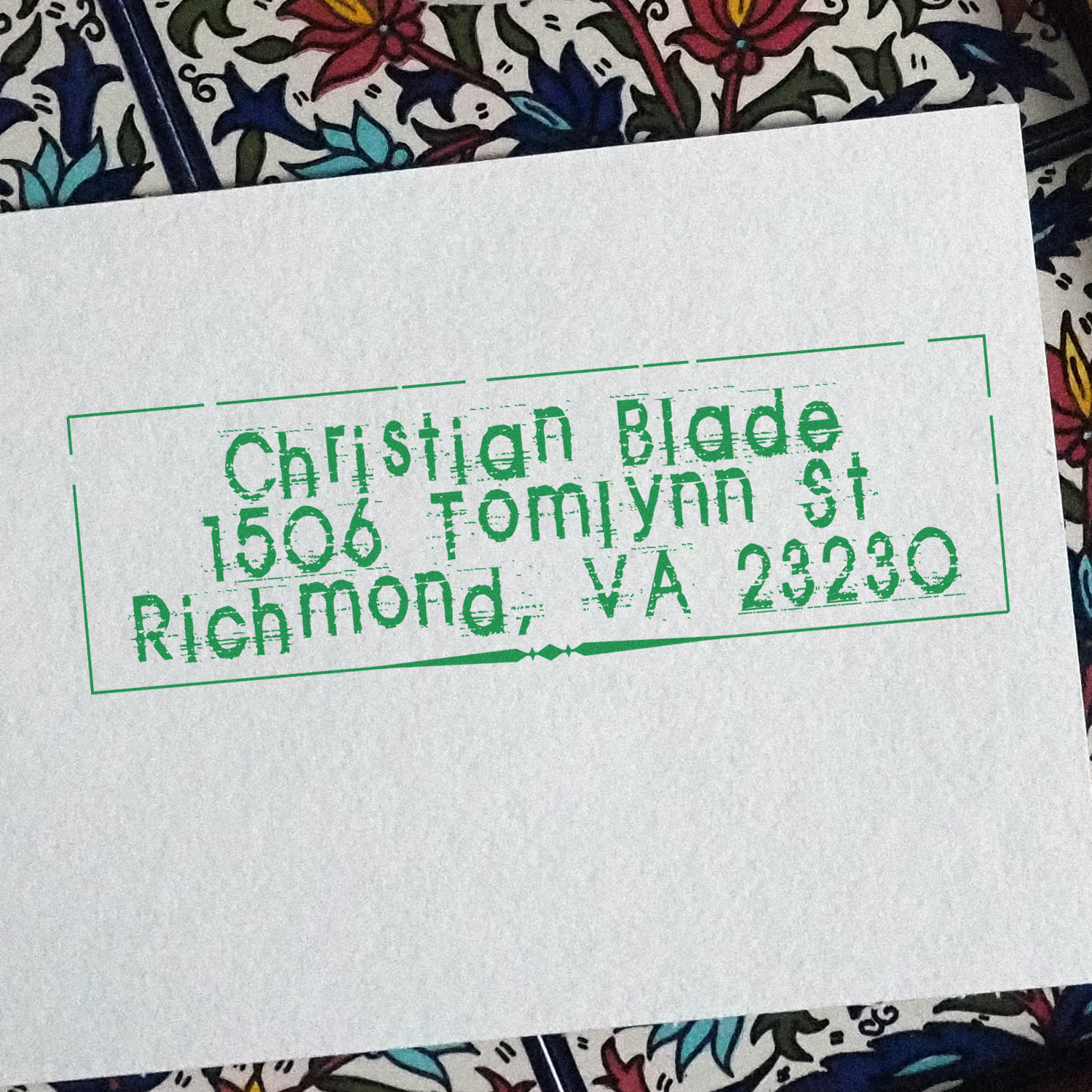 Custom green rubber address stamp impression reading Christian Blade, 1506 Tomlyn St, Richmond, VA 23230.