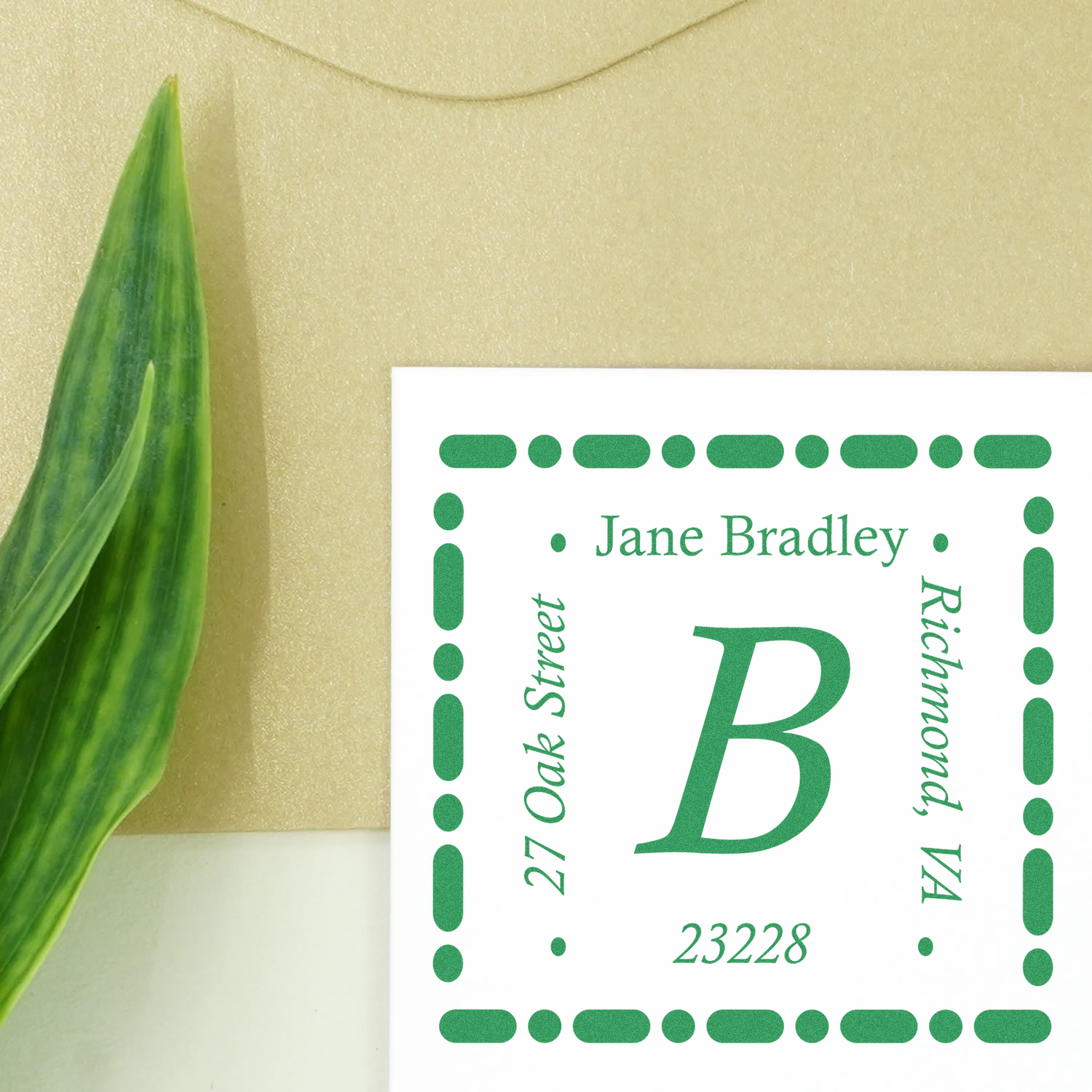 Custom address rubber stamp with monogram B, Jane Bradley, 270 Oak St, Richmond, VA 23228 return address design.